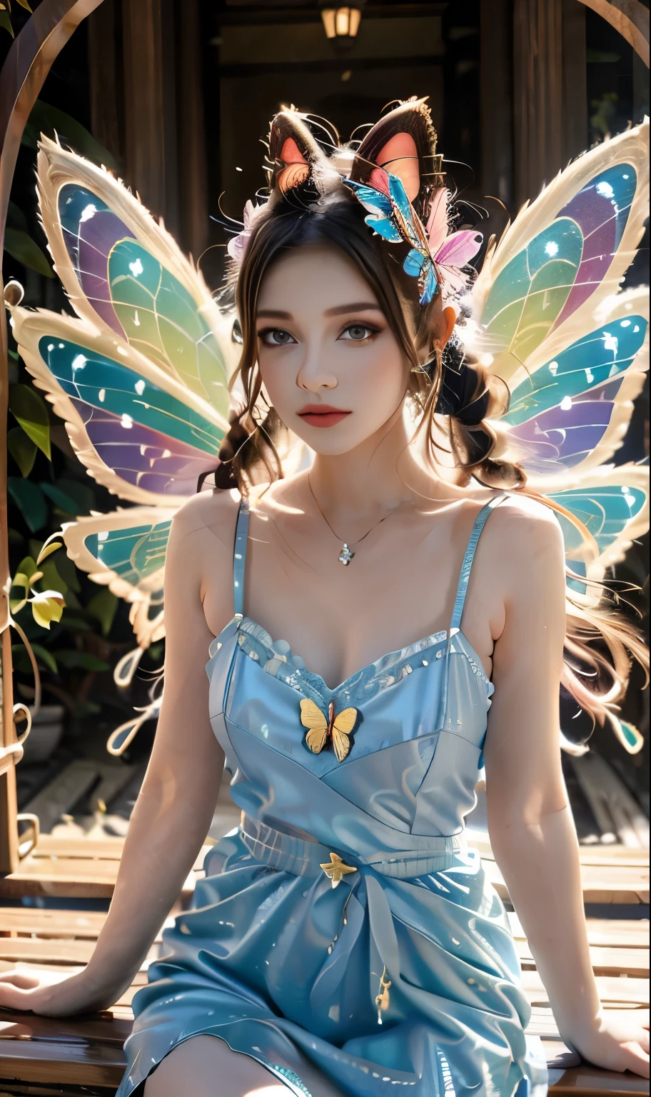 Fairy, Butterfly_Wings,Pedras preciosas,Sitting,full bodyesbian,Vibrant colors,stunning environment ,Soft lighting,Gorgeous light and shadow,White_dress,Stylish pose,Shirt waist dress,Hand up,