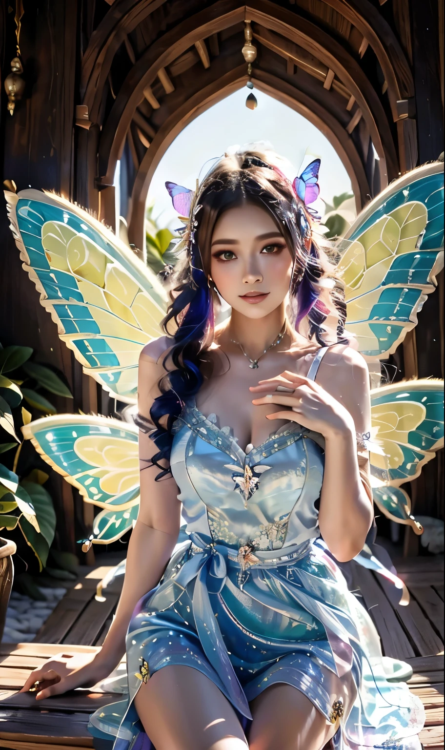 Fairy, Butterfly_Wings,Pedras preciosas,Sitting,full bodyesbian,Vibrant colors,stunning environment ,Soft lighting,Gorgeous light and shadow,White_dress,Stylish pose,Shirt waist dress,Hand up,