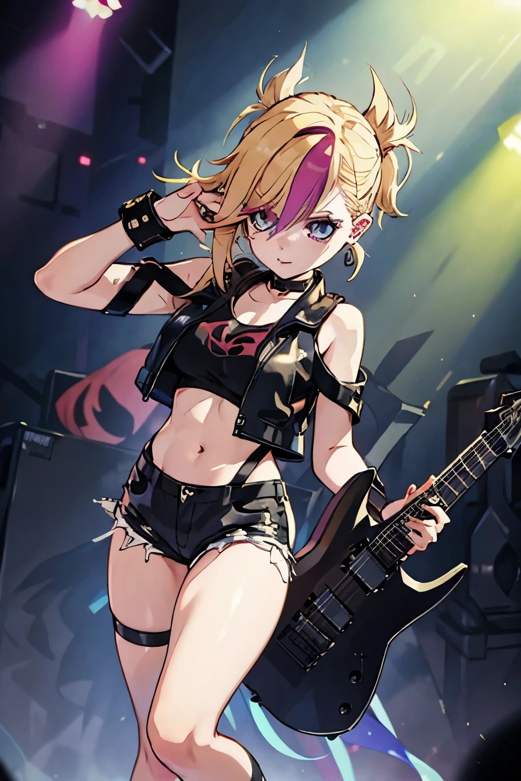 masterpiece、Highest quality、High resolution、Realistic:1.2, Splatoon Girl、Rocker girl in leather jacket,Slim figure、gigantic breast、Cleavage、highly Realistic photograph, whole body、, 12 electric guitars, Spiked clothing,White tank top、Navel exposed、leather shorts、tattoo,Earrings Dark lipstick, Golden Eyes,Prism Gradient Tentacle Hair, Beautiful and perfect legs, Confident expression,blush、 Punk Style ,Dynamic pose, Dynamic Lighting, Bright colors, Aria Alexa 65, 50mm lens