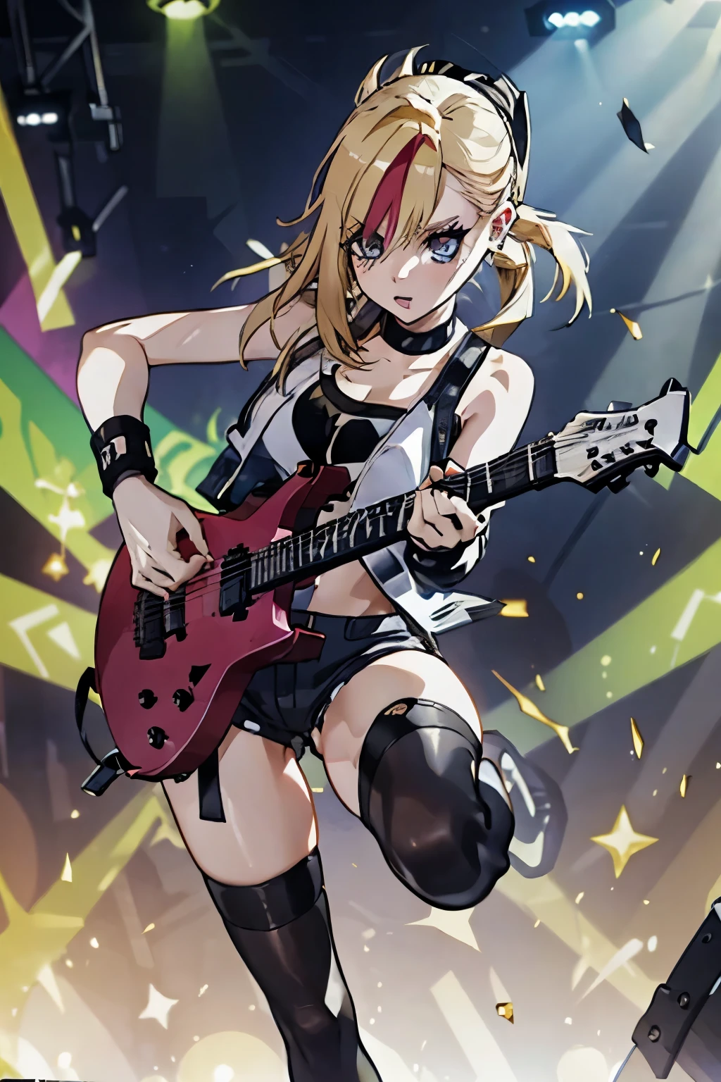 Rocker girl wearing a leather jacket,slim body shape、Normal bust size, full body shot, 1two electric guitars, clothes with spikes,white tank top、Navel exposed、low rise leather shorts,tattoo,earrings dark lipstick, blue eyes,blonde twintail hair,black ribbon, beautiful and perfect legs, confident look, punk style ,dynamic pose, dynamic lighting, brightly colored stage,colorful stage lights, ant alexa 65, 50MM lens