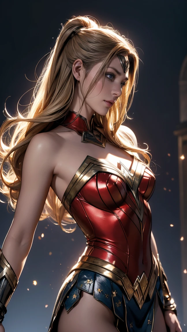 (Highest quality,4K,High resolution:1.2),Very detailed,(Realistic:1.37),Beautifully structured scenes,Dramatic lighting, Wonder Woman from a close-up shot in DC, Twisted space, twisted undead in the background,lens blur,Light Shaft, intricate and complex details, Volumetric lighting, 4K Rendering, Stock Photo, hyperRealistic texture, HDR lighting effects, Unreal Engine,SHY SMILE,Standing gracefully、Blonde long hair、Long hair that reaches down to the toes、Taking off their costume、Taking it off shyly