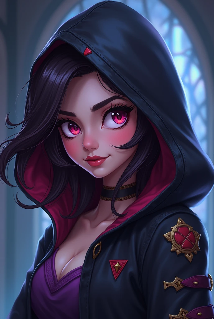 Red hooded girl wearing mariate hat on a dark background with red light emerging behind the character, pintura facial de caveira