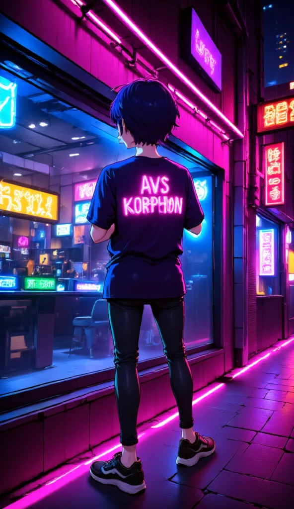 anime парень-волк, road, sidewalks , city,  Neon text on a t-shirt : AvasKorpion , neon sneakers ,  neon outline,, Night.anime,  stands in front of the camera ,  стиль anime, 2d,  looks at the viewer,  neon lines along the counter clothing.