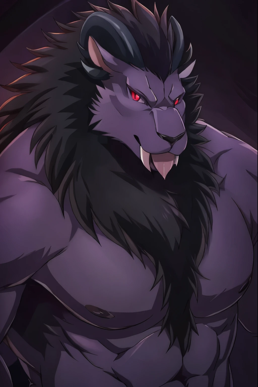 (Masterpiece, Best quality), Leonhart, full body view, Looking at viewer, Male, sexy, majestic beast, big muscular chest, dark lilac brown fur, black mane, small curved black horns, muscular body, crimson eyes, seductive look, Best quality, ultra Realistic, basic background, shirtless, no clothing, tongue out
