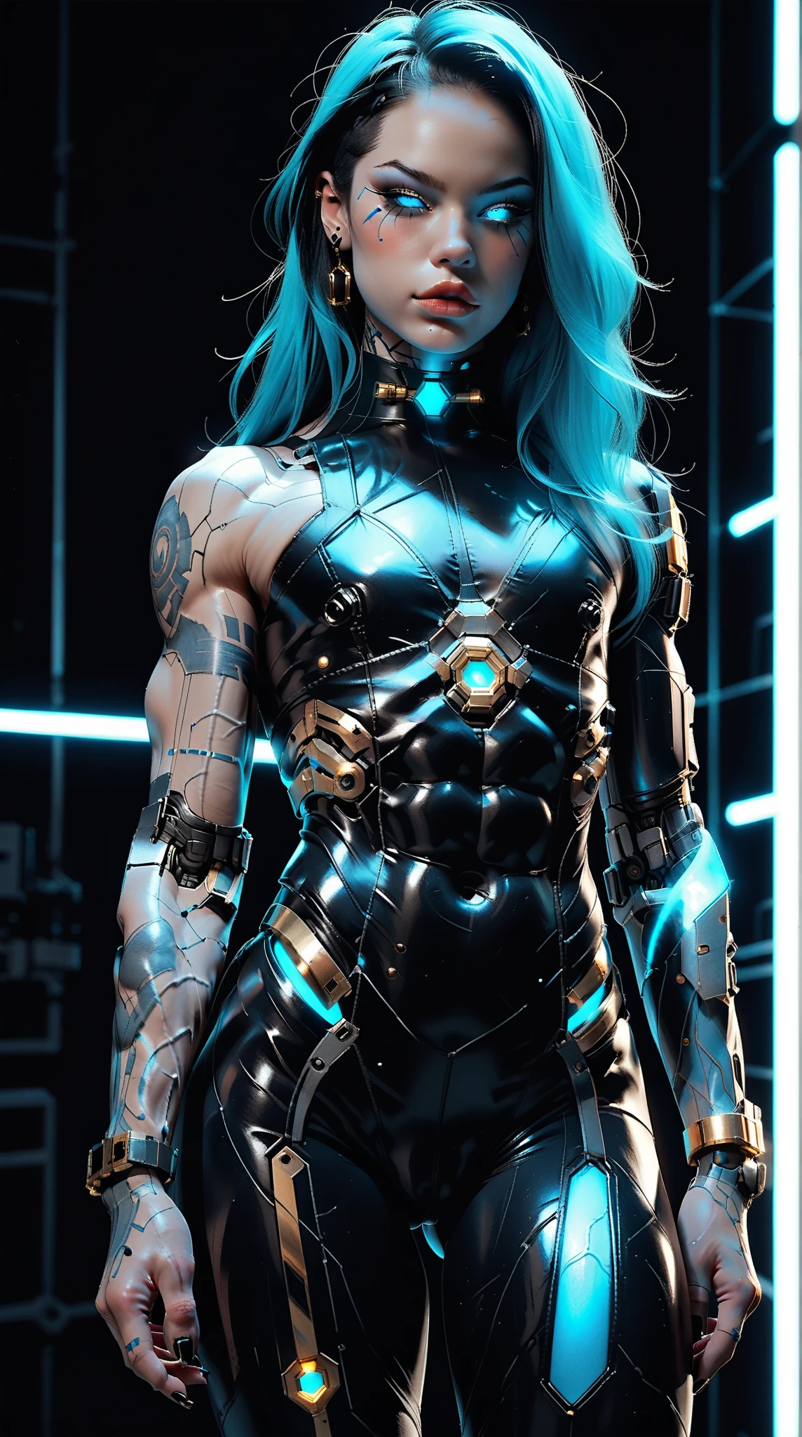 (nsfw:1), (Uncensored:1), score_9, score_8_up, score_7_up, (three quarters Shot), (1 girl), (asian), beautiful teenage (skinny) muscular goth cyborg girl, (full Cybernetic bodysuit:1.5), (black sclera:1.5), (blue glowing eyes:1.5), (blue glowing body veins:1.5), (flat chest:1.25), (blue glowing hair:1.25), (beautiful face:1.25), (bodybuilder femboy physique:1.25), (skinny long legs:0.75), (intricate gold filigree:1.5), bimbo lips, cowboy shot, cybernetic, mechanoid body parts, exposed cables and circuits, neon lights, gothic neon style, cyber punk style, super realistic image, beautiful digital paint , hyper Realistic illustrations, ImgFixerPre0.3