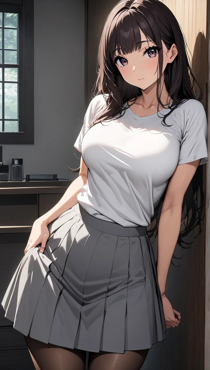 masterpiece, best quality, best lighting, shadows, dynamic angle, perfect anatomy, 1 girl, 21 years old, mature features, black wavy hair, black eyes, seductive eyes, blushing, flirty, pretty smile, tiny red skirt, white tight shirt, semi open shirt, black thigh highs, classroom background, ass, breast, thighs, nsfw,