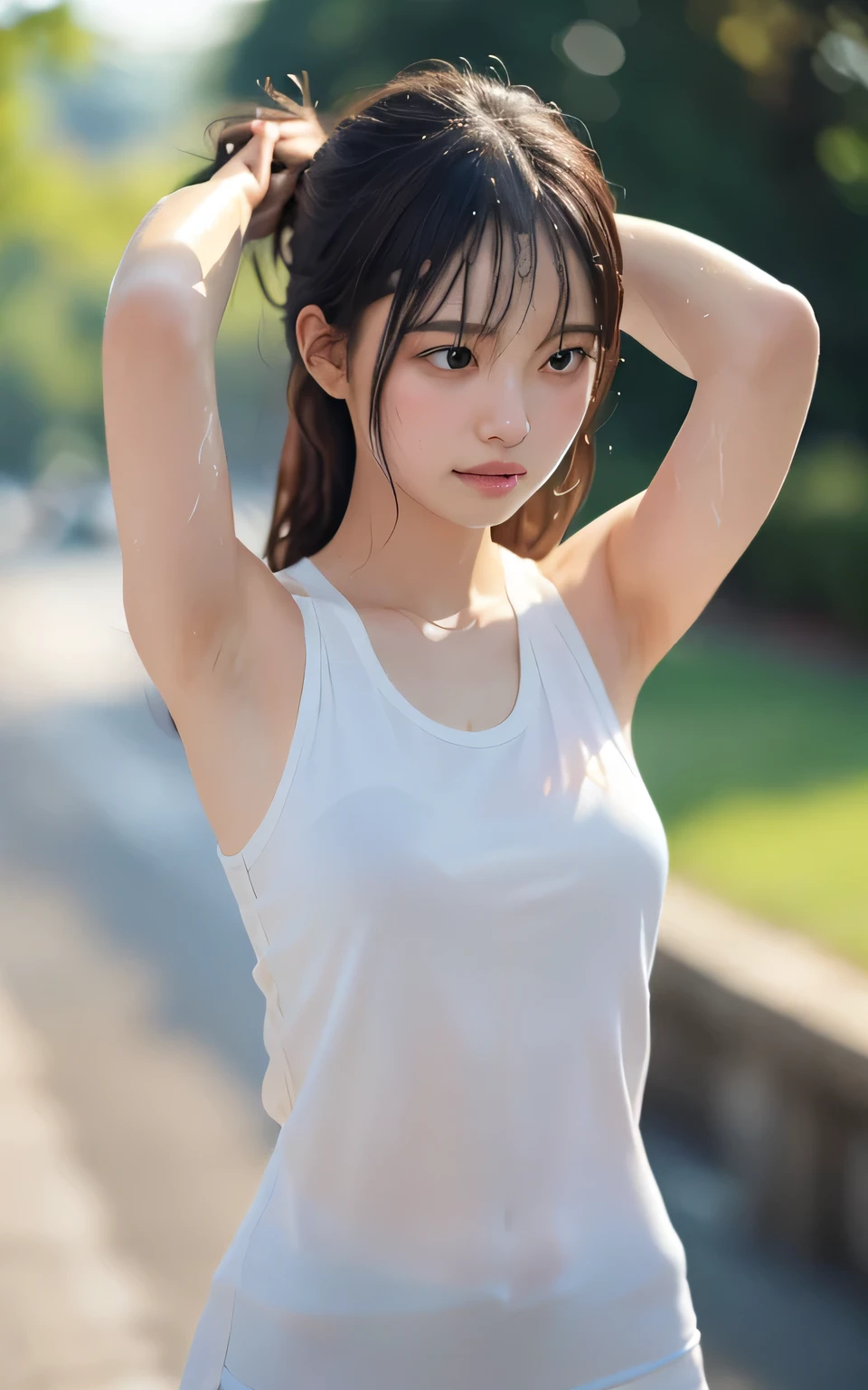 picture of a girl in a soaked white torn tennis wear, (solo), white sneakers, (kpop idol), ((crying)), (damaged:1.7)((miniskirt)), wet pantie, (erectnipples:1.5), natural((medium breasts)), masterpiece, realistic, hyper-detailed, (glossy skin, sweaty:1.4), (incontinence:1.5), absurdity, looking at viewer, short(high twintails), dark brown hair, (top quality), outdoors(blue sky, tennis court), dynamic(kneeling to sitting on the ground), (open your legs wide), ((spread legs)), from below angle((sexy, low angle, long hair, black eyes)) , (wet(see-through)), (peeing:1.4), delicate and sexy collarbone, charming oval face, double eyelids, big peach blossom eyes, pink lips, ((anger, screaming, agony, glowing eyes, sweat) ), simple background, full screen of chains, chained, ((arms up, behind head)), bondage, low angle , BDSM, Chained, Perfect figure,