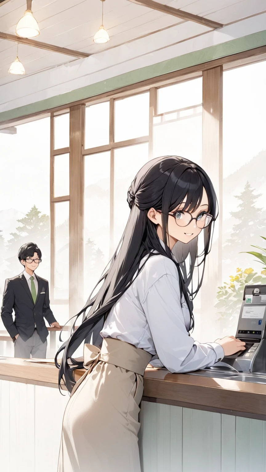 Black hair, long hair, glasses, hot spring inn, reception, check-in