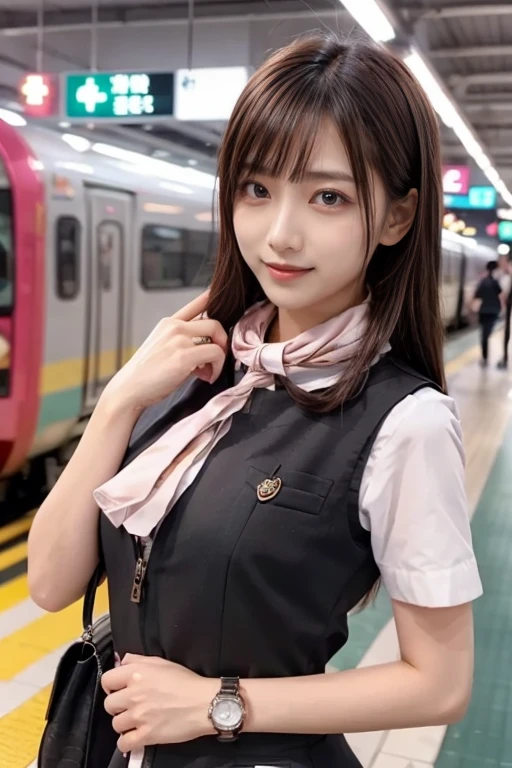  Japanese woman like an idol , long hair ,  straight hair, Round face , bust up ,(    masterpiece on penis   :1.2,   top quality:1.2), 32kHDR,   is high definition , (Alone、  1 girl)、（At the station platform、    professional writing  ）、Empty station platform background  、（  realistic style of JR Gran Class crew uniform  ）、Short sleeve blouse、 wrap a scarf around your neck 、（  JR Gran Class flight attendant uniform with pink decoration on the sleeve  ）、（  vest JR Grand Class flight attendant uniform with pink lines on the front zipper）、Long Hit、Big Breasts、（（ Amazing hands ：2.0）），（（Harmonious physique   ：1.5）），（（Normal limbs：2.0）），（（Usually ：2.0）），（（  delicate eyes：2.0）），（（Normal eyes：2.0））)、Big Breasts、 Extravagant Necklace  、smile、Beautiful position,Place your hands around your stomach, watch viewers, Closeup , 