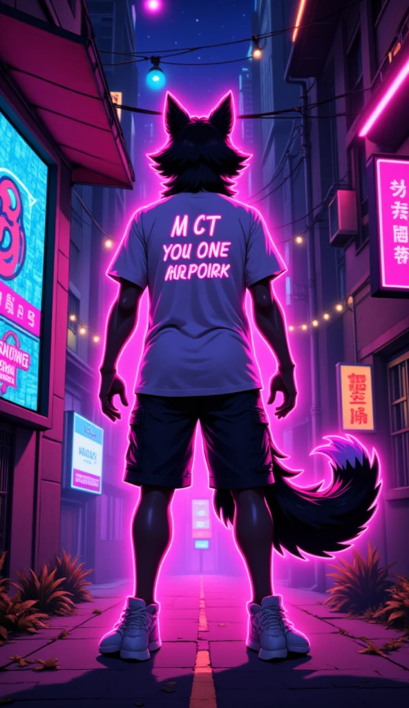 anime wolf boy , city,  Neon text on a t-shirt : AvasKorpion , neon sneakers ,  neon outline, Night,  stands in front of the camera ,  Anime style, 2d,  looks at the viewer,  neon lines along the counter clothing.