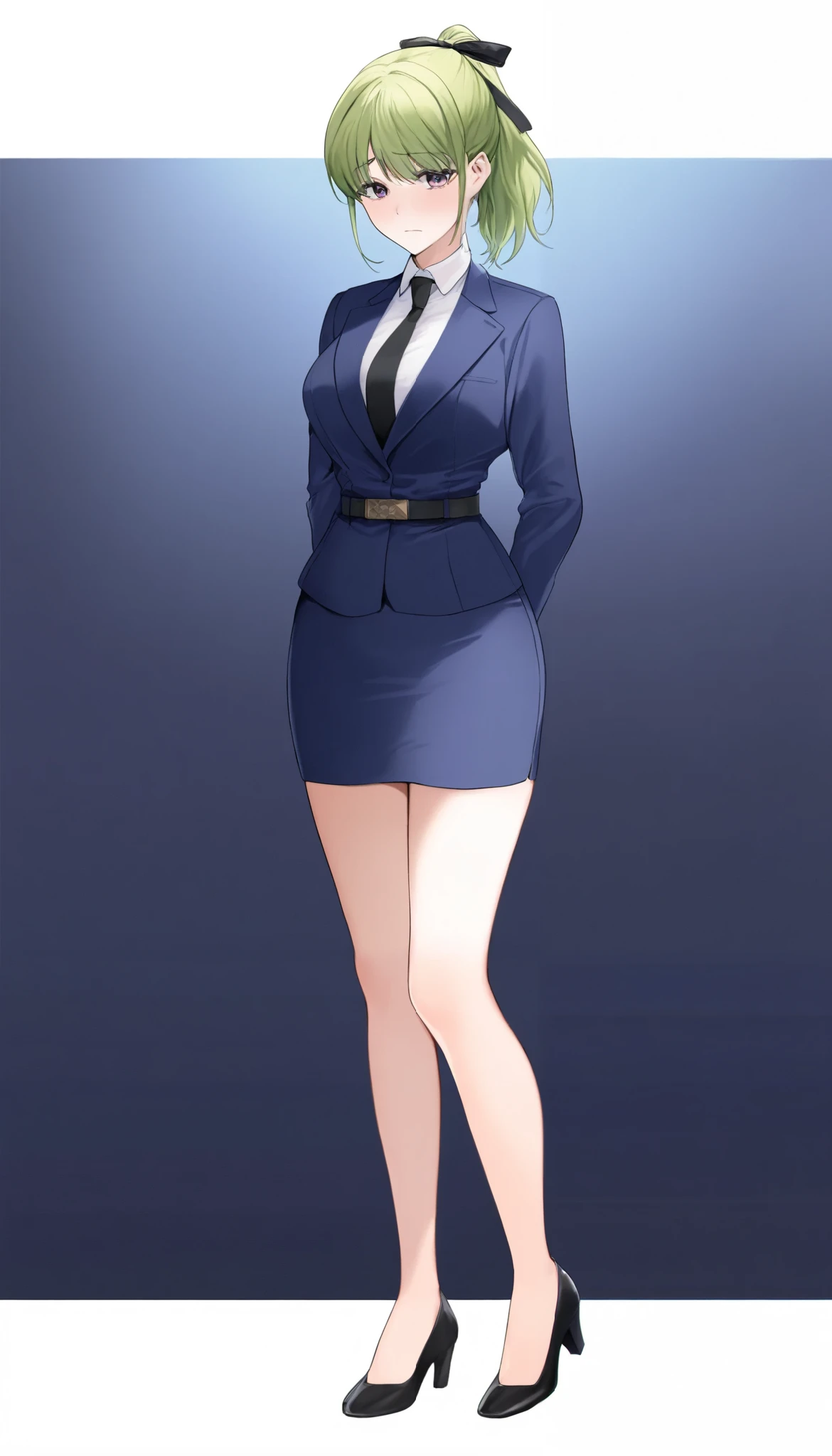 Misuke Iijima、。OL,woman、 green hair、 shorthair、 ponytail、yellow hair ribbon、 sad face、 full body style that reflects your whole body、 normal breasts、 narrow waist 、Bare legs、Standing beautifully、 in a suit、 navy blue jacket ,襟付き shirt, shirt, black tie,belt,, Navy blue tight skirt, black tights, BLACK HEEL PUMPS,