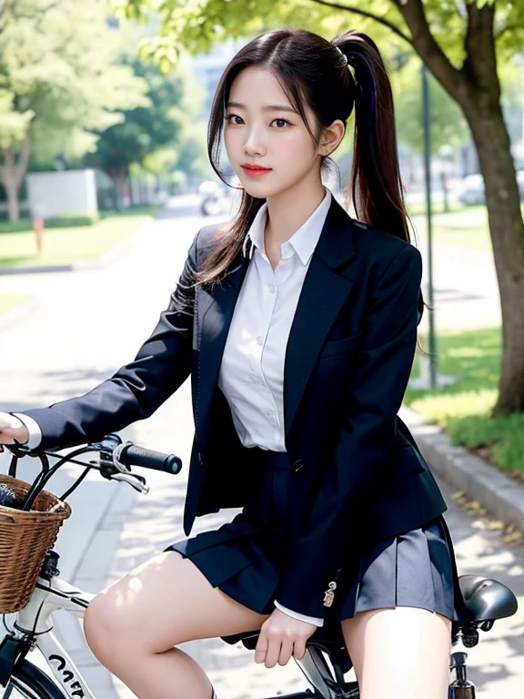 A young woman wearing a classic school uniform consisting of a crisp white blouse, a navy blue blazer, a pleated skirt, and knee-high socks, sitting gracefully on a bicycle. The bicycle is a simple city bike with a basket on the front. She is positioned outdoors on a sunny day, with a tree-lined street or a quiet park in the background. The wind gently lifts her hair and the hem of her skirt, adding a sense of motion and liveliness. Her expression is cheerful and slightly playful, exuding youthful energy, (High ponytail)