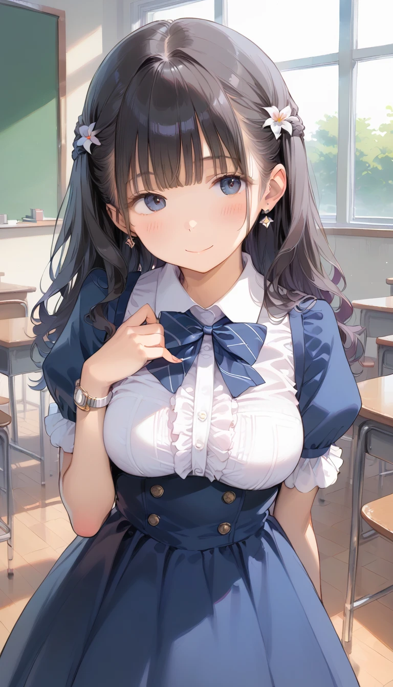 1girl, solo, black hair, blue eyes, seductive smile, long hair, portrait, blue hairclip, large breasts, cleavage cutout, bare shoulders, upper-body, maid, frilled apron, red bowtie, library, bookshelf
