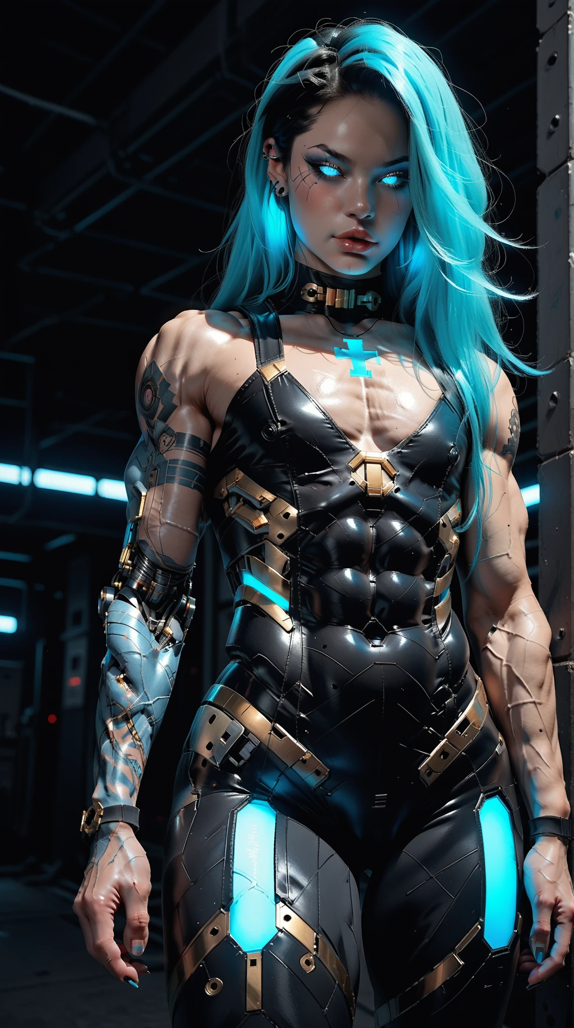 (nsfw:1), (Uncensored:1), score_9, score_8_up, score_7_up, (three quarters Shot), (1 girl), (asian), beautiful teenage (skinny) muscular goth cyborg girl, (full Cybernetic bodysuit:1.5), (black sclera:1.5), (blue glowing eyes:1.5), (blue glowing body veins:1.5), (flat chest:1.25), (blue glowing hair:1.25), (beautiful face:1.25), (bodybuilder femboy physique:1.25), (skinny long legs:0.75), (intricate gold filigree:1.5), bimbo lips, cowboy shot, cybernetic, mechanoid body parts, exposed cables and circuits, neon lights, gothic neon style, cyber punk style, super realistic image, beautiful digital paint , hyper Realistic illustrations, CyberRealistic_Negative_PONY