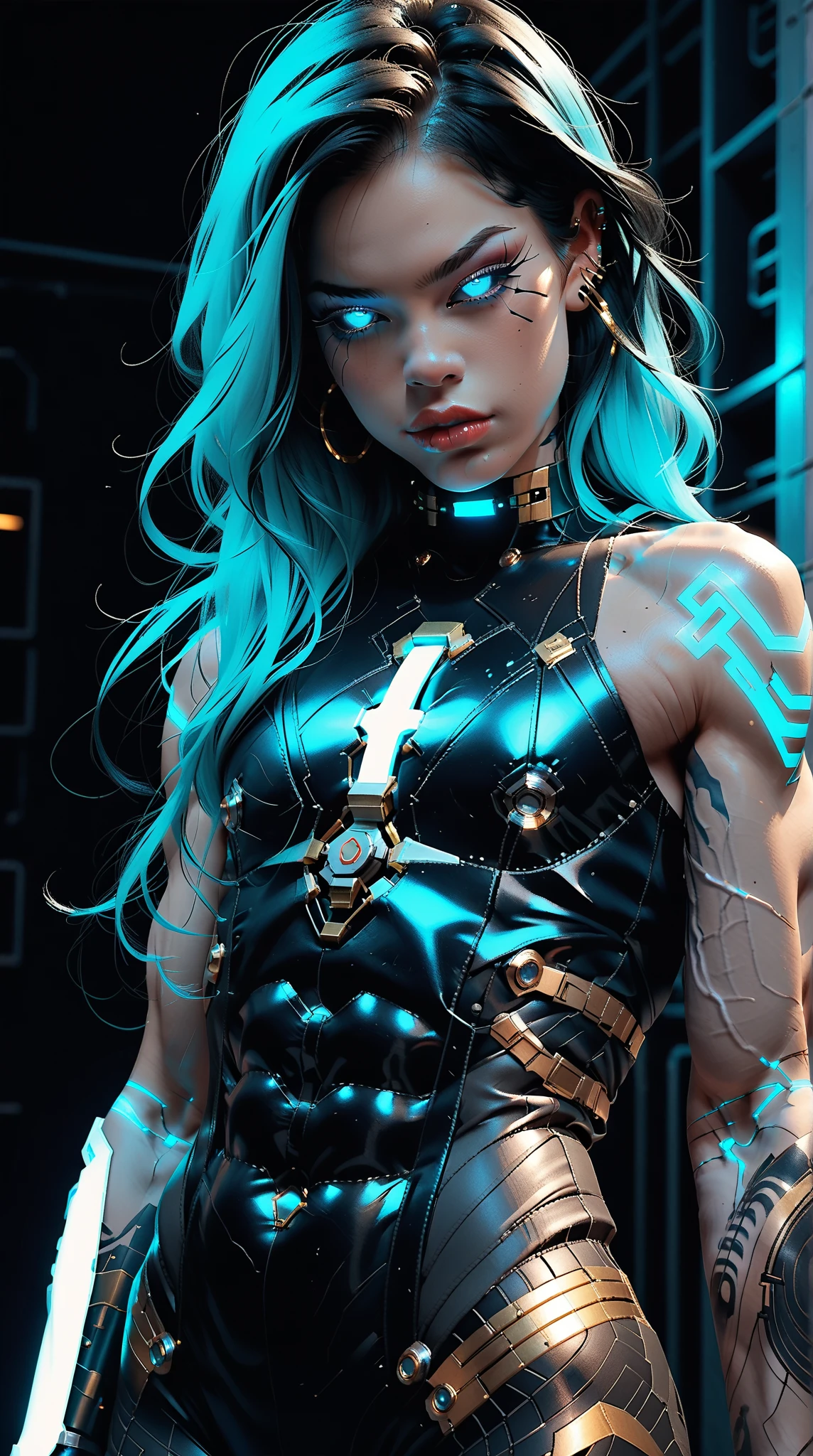 (nsfw:1), (Uncensored:1), score_9, score_8_up, score_7_up, (three quarters Shot), (1 girl), (asian), beautiful teenage (skinny) muscular goth cyborg girl, (full Cybernetic bodysuit:1.5), (black sclera:1.5), (blue glowing eyes:1.5), (blue glowing body veins:1.5), (flat chest:1.25), (blue glowing hair:1.25), (beautiful face:1.25), (bodybuilder femboy physique:1.25), (skinny long legs:0.75), (intricate gold filigree:1.5), bimbo lips, cowboy shot, cybernetic, mechanoid body parts, exposed cables and circuits, neon lights, gothic neon style, cyber punk style, super realistic image, beautiful digital paint , hyper Realistic illustrations, CyberRealistic_Negative_PONY