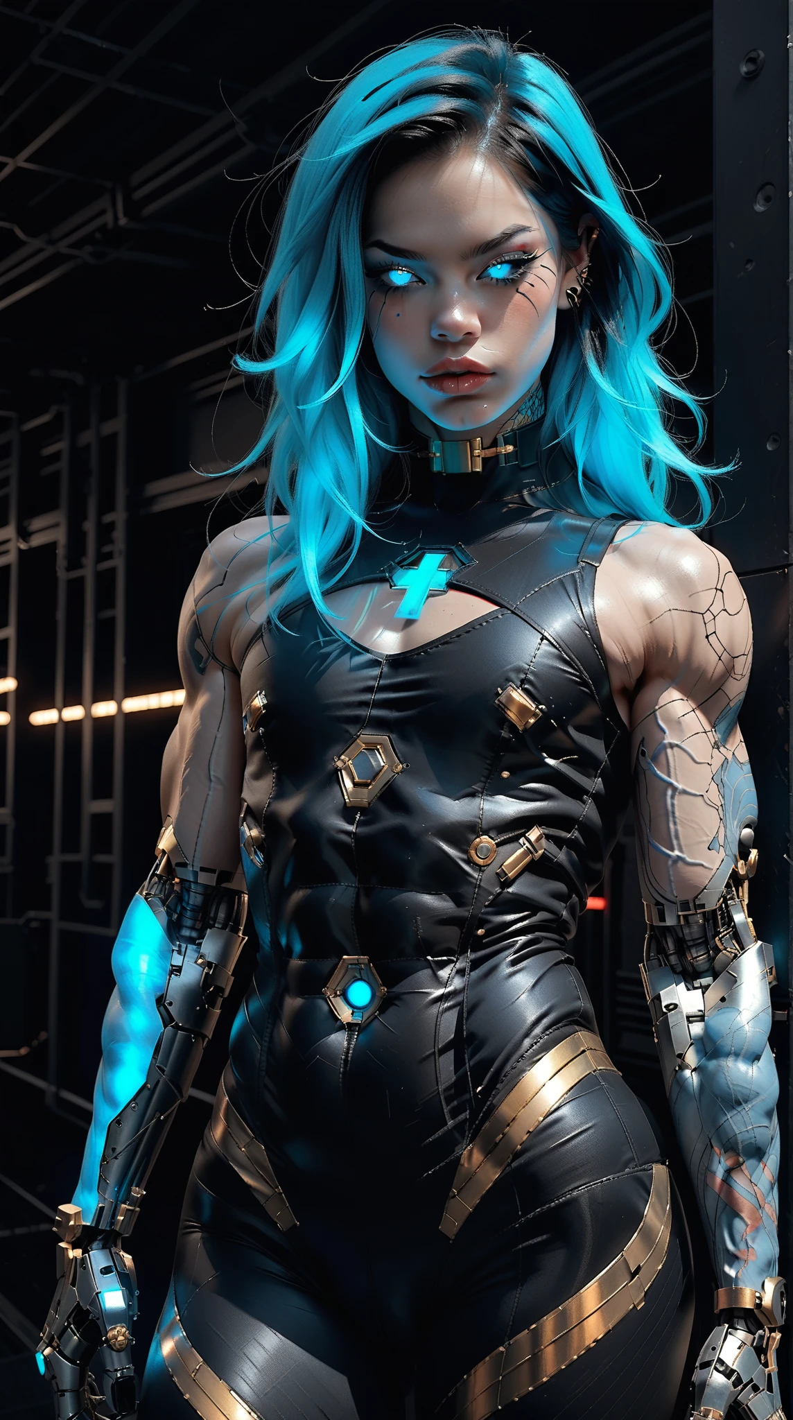 (nsfw:1), (Uncensored:1), score_9, score_8_up, score_7_up, (three quarters Shot), (1 girl), (asian), beautiful teenage (skinny) muscular goth cyborg girl, (full Cybernetic bodysuit:1.5), (black sclera:1.5), (blue glowing eyes:1.5), (blue glowing body veins:1.5), (flat chest:1.25), (blue glowing hair:1.25), (beautiful face:1.25), (bodybuilder femboy physique:1.25), (skinny long legs:0.75), (intricate gold filigree:1.5), bimbo lips, cowboy shot, cybernetic, mechanoid body parts, exposed cables and circuits, neon lights, gothic neon style, cyber punk style, super realistic image, beautiful digital paint , hyper Realistic illustrations, CyberRealistic_Negative_PONY