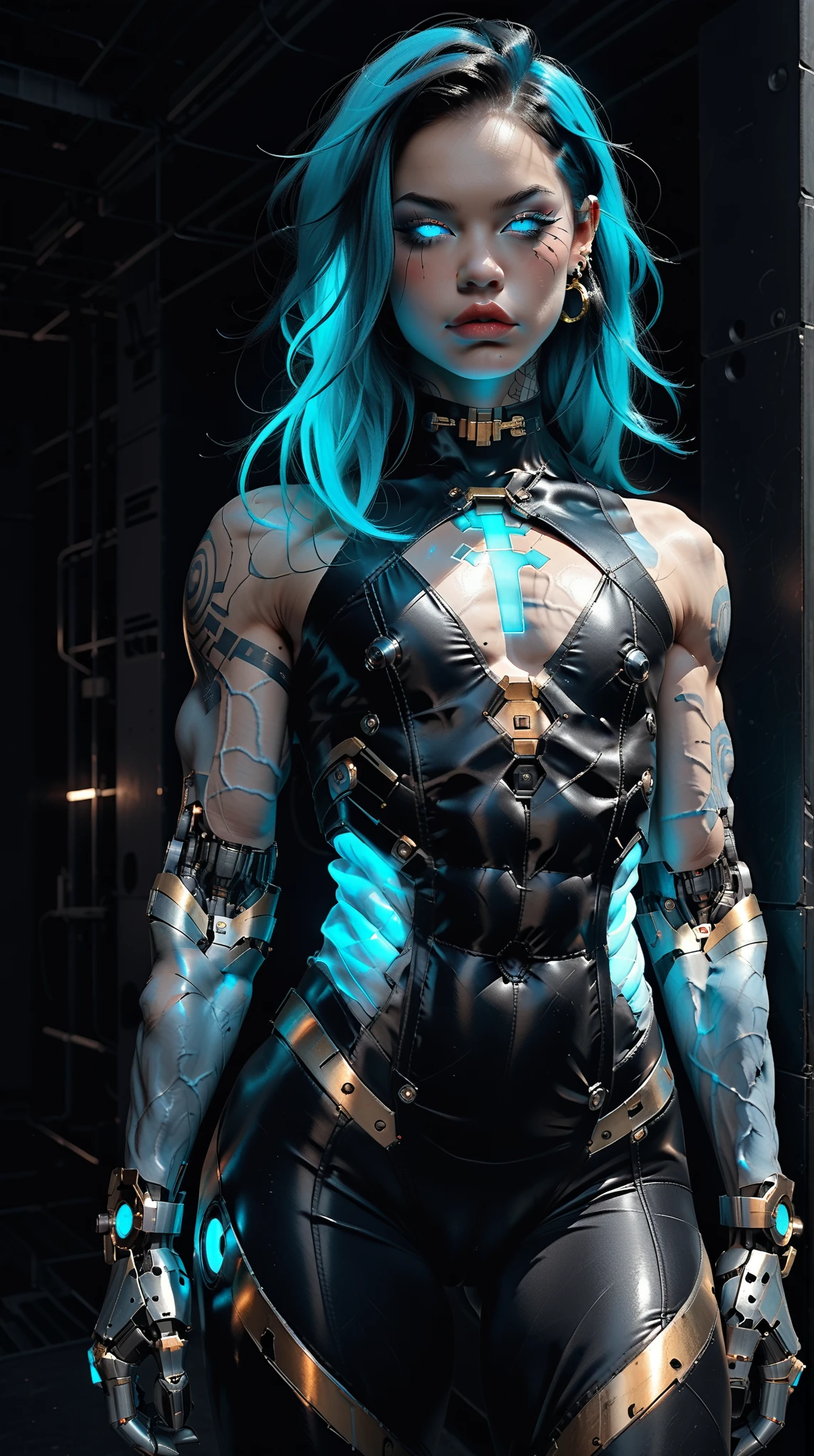 (nsfw:1), (Uncensored:1), score_9, score_8_up, score_7_up, (three quarters Shot), (1 girl), (asian), beautiful teenage (skinny) muscular goth cyborg girl, (full Cybernetic bodysuit:1.5), (black sclera:1.5), (blue glowing eyes:1.5), (blue glowing body veins:1.5), (flat chest:1.25), (blue glowing hair:1.25), (beautiful face:1.25), (bodybuilder femboy physique:1.25), (skinny long legs:0.75), (intricate gold filigree:1.5), bimbo lips, cowboy shot, cybernetic, mechanoid body parts, exposed cables and circuits, neon lights, gothic neon style, cyber punk style, super realistic image, beautiful digital paint , hyper Realistic illustrations, CyberRealistic_Negative_PONY