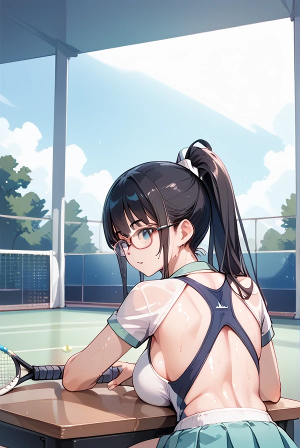 Black hair, long hair, ponytail, glasses, table tennis, table tennis uniform, sweaty,