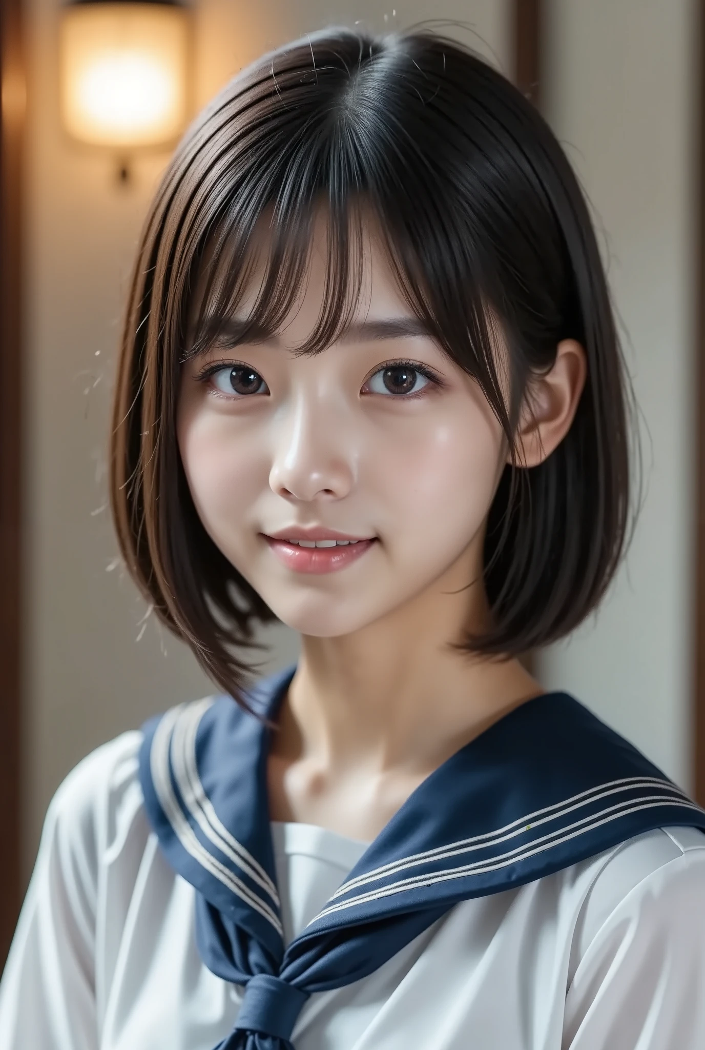 (8k,  photorealistic,  RAW photo,  Max Image: 1.4),  Japanese girls、18 years old, ( bob hair)、 smile, Super detailed face 、Attention to detail、 double eyelids 、 sharp concentration:1.2、 beautiful woman:1.4、( black hair)、 top quality、  masterpiece on penis 、 super high resolution、( photorealistic:1.4)、 is exquisitely crafted in every detail 、プロの照明で照らされたsmile、(Sailor school uniform,  navy blue pleated skirt)、 open your mouth slightly、( upper body),( The background is indoor)