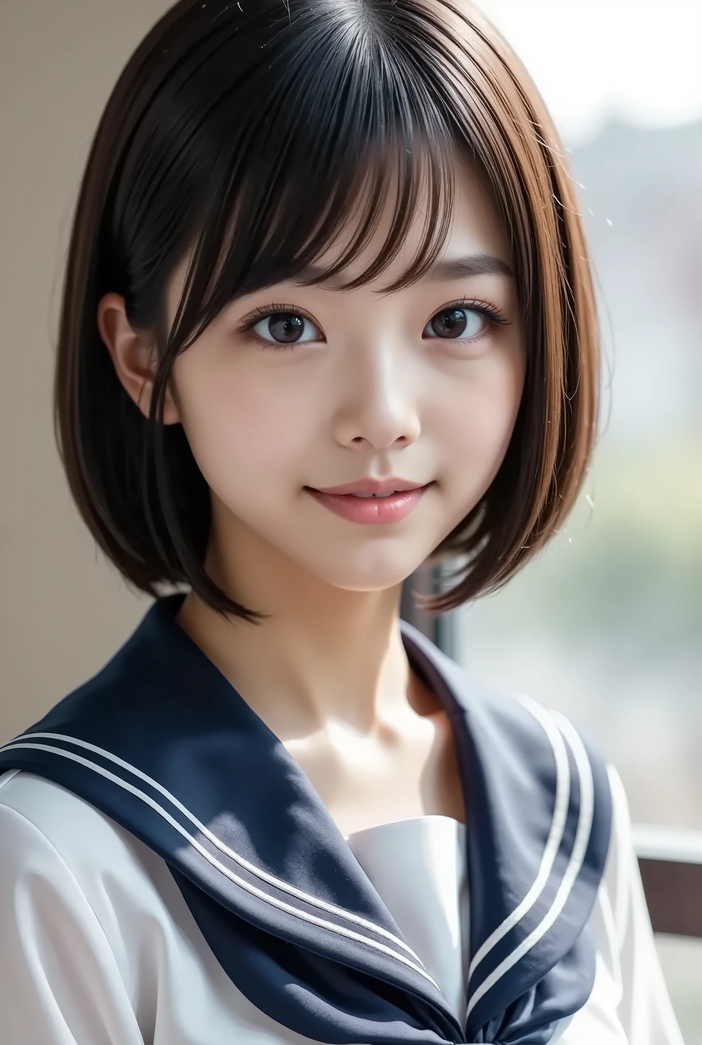 (8k,  photorealistic,  RAW photo,  Max Image: 1.4),  Japanese High School Girl 、( bob hair)、 Super detailed face 、Attention to detail、 double eyelids 、 sharp concentration:1.2、 beautiful woman:1.4、( black hair)、 top quality、  masterpiece on penis 、 super high resolution、( photorealistic:1.4)、 is exquisitely crafted in every detail 、 smiles illuminated by professional lighting、(Sailor school uniform,  navy blue pleated skirt)、 open your mouth slightly、( upper body),( The background is indoor)