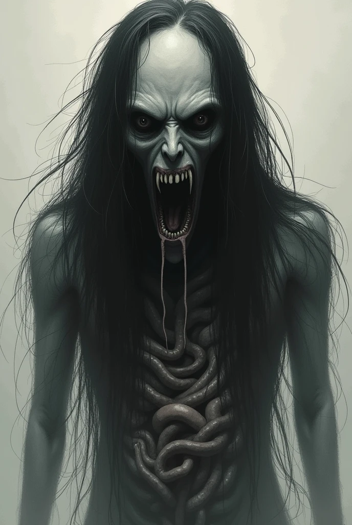 A creepy Yurei woman with long black hair, and zombie hands, crawling out of a television screen, inside the living room, neundies style