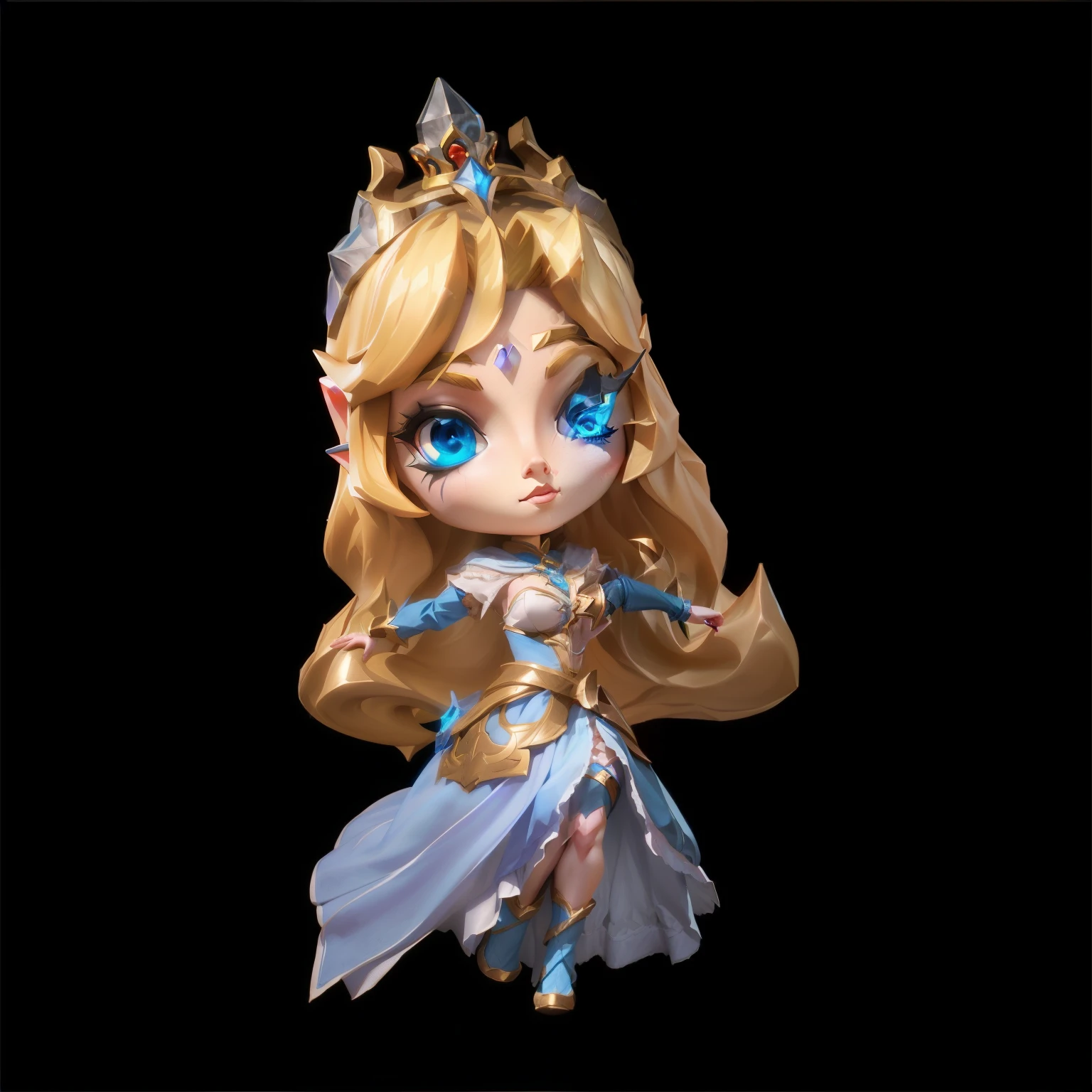  Diablo conceptual art ，The charming elf princess wears a gorgeous costume with a crown,《 League of Legends》 in Q Art Style ， Mini Lax ， Stylized 3D modeling ， Epic Mage Girl character ，Stylized 3D rendering， Stylized shadow treatment ，Character poster ，4K