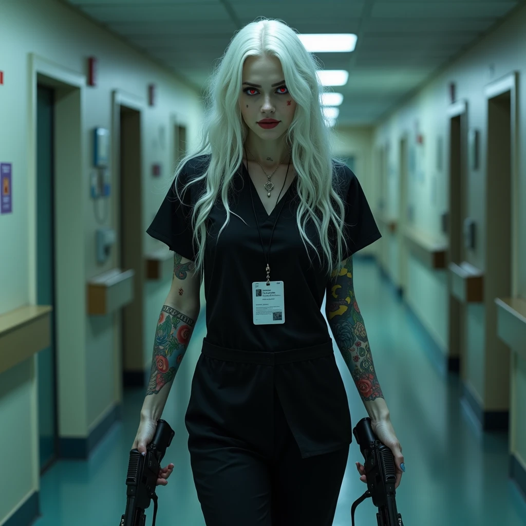 Redhead woman and white hair woman in bloody clothes like psychopath doctors, holding swords in a dark place at night