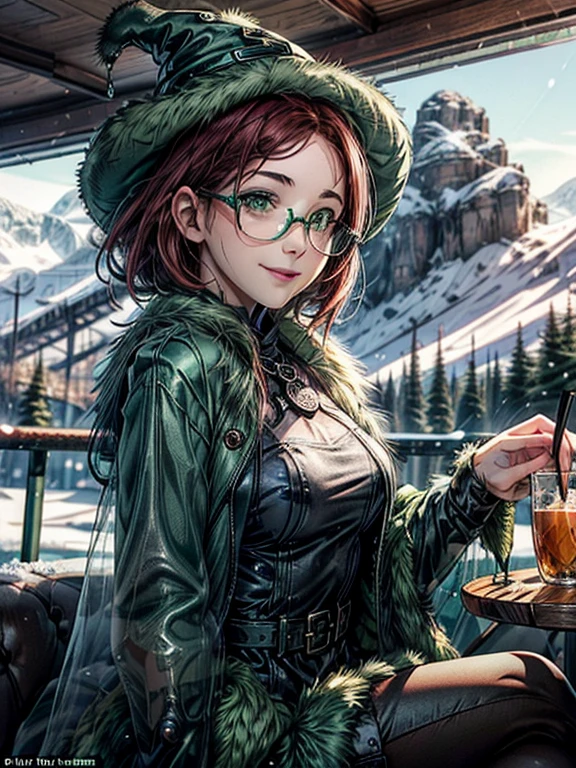 Short,  red hair ,  green eyes ,  metal-framed glasses,  green witch hat , green fur coat , smiling girl sitting in a cafe against the background of snow-capped mountains.