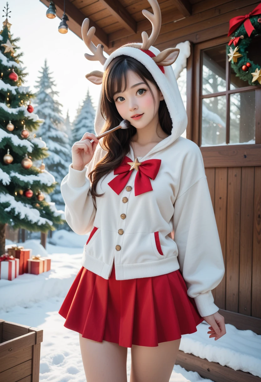 Kawaii style,Digital Painting,best quality,cute reindeer girl,drkgirl,Christmas cape with antler hood,brown and white outfit,red bow,playful pose,bright eyes,short skirt,festive atmosphere,snowy Christmas background,decorated tree,twinkling lights,wooden cabin,soft lighting,warm holiday mood,soft brush strokes