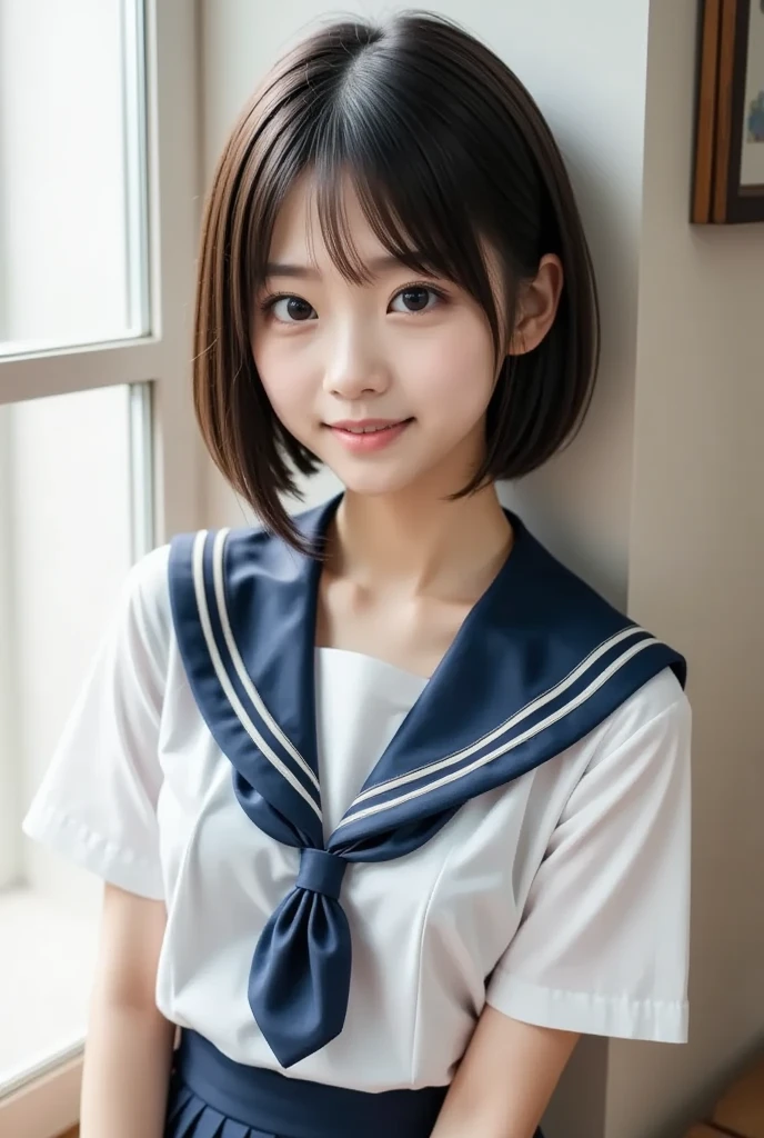 (8k,  photorealistic,  RAW photo,  Max Image: 1.4),  Japanese High School Girl 、( bob hair)、 Super detailed face 、Attention to detail、 double eyelids 、 sharp concentration:1.2、 beautiful woman:1.4、( black hair)、 top quality、  masterpiece on penis 、 super high resolution、( photorealistic:1.4)、 is exquisitely crafted in every detail 、 smiles illuminated by professional lighting、(Sailor school uniform,  navy blue pleated skirt)、 open your mouth slightly、( upper body),( The background is indoor)