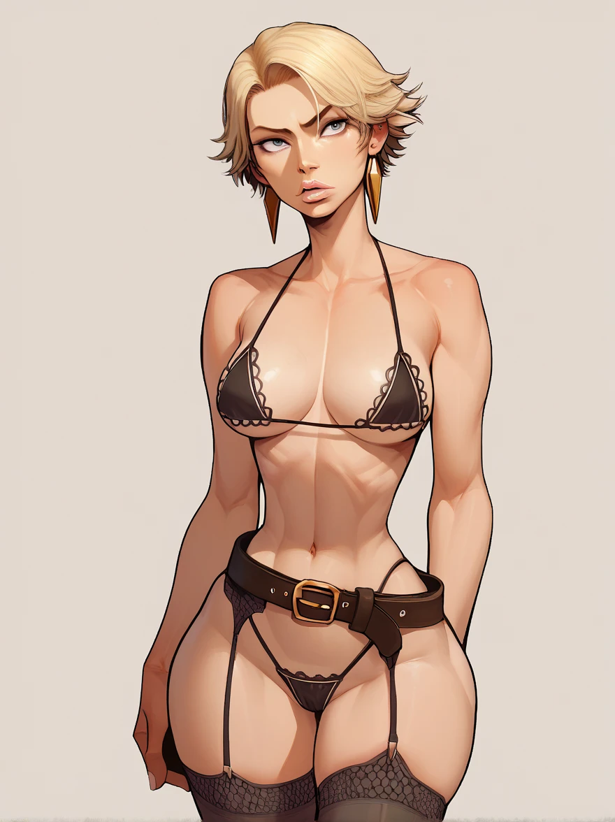 masterpiece, best quality, evangelyneold, thicc, thick, (naked shoulders:1.1), (black top:1.5), (lace neck choker:1.3), facing front, looking at the viewer, front view, 1girl, black gloves, blonde hair, blush, elf, fingerless gloves, gloves, green eyes, pointy ears, short hair, solo, outdoors, teeth grin, smirking, grin, heavy grin, smirking, mischievous grin, aroused face, dynamic pose, posing, crop top, belly piercing, naked belly, stockings