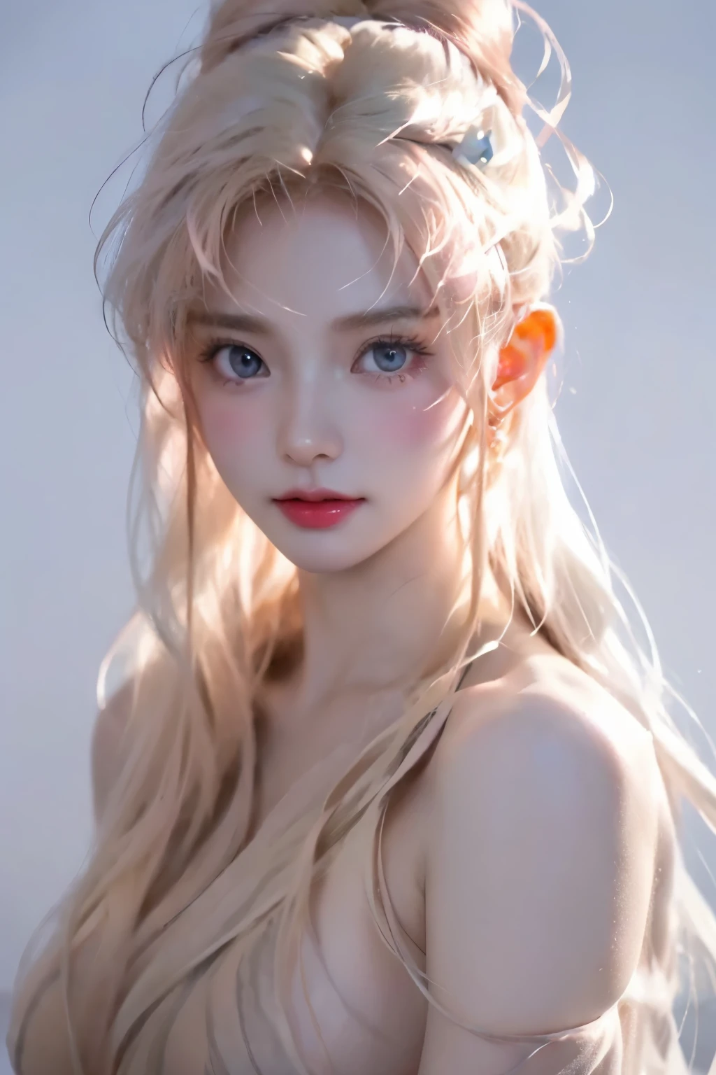 (8k, 4k, best quality, high resolution: 1.2), (master level, actual, photorealism: 1.4), 1 girl, alone, pretty face, eyelash, nose, glossy lips, (beautiful eyes, bystander, White skin, White skin: 1.5), Delicate skin tone, Upper body,, big deal, big deal, (nude: 1.5),, Open-air bath,, Ridiculously long hair, blond, pink hair, Bangs, hair accessories, bow, sides up,, young, Dark blue school swimsuit