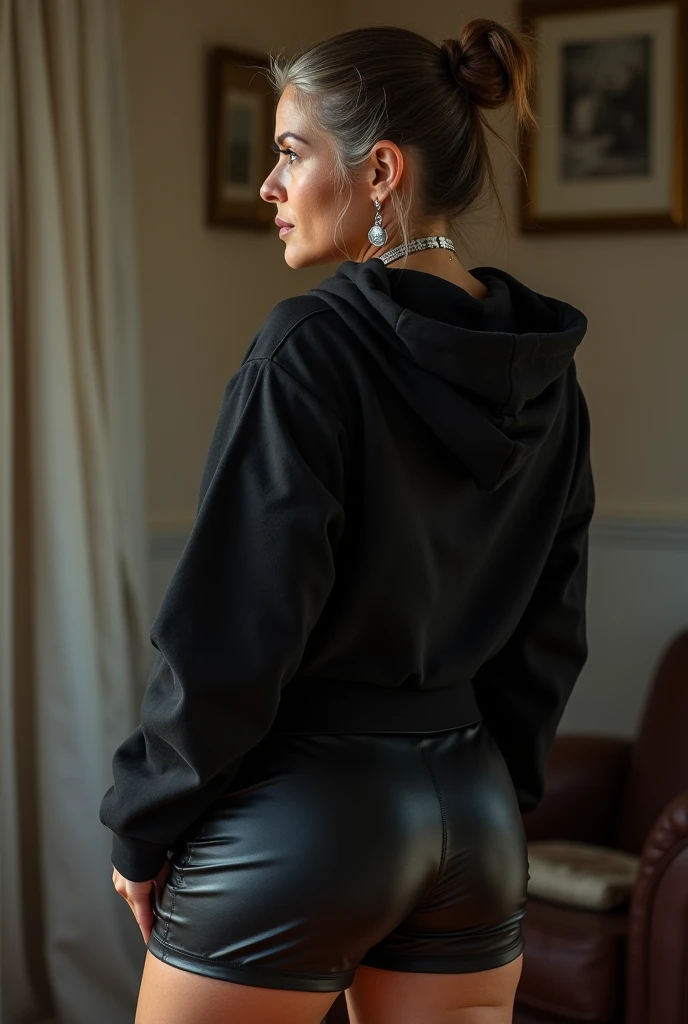 black woman hair in a bun black hoodie black leather short shorts being fucked in the ass by a old grandma in a dress