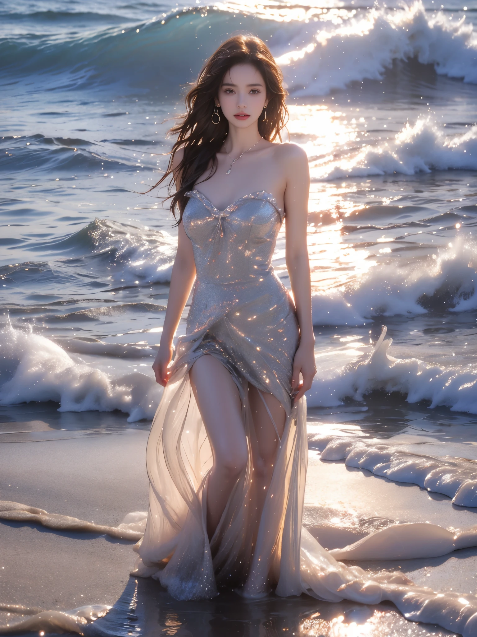 dress,, (photorealistic:1.2), professional photography of a beautiful female model lying where ocean meets beach, (waves washing over body:1.3), full body shot, wet skin glistening, long slender legs, perfect leg anatomy, (water splashing:1.2), (wet hair:1.2), shallow waves rolling over sand, water droplets on skin, foam and bubbles, dynamic water motion, late afternoon sunlight, sharp focus on entire body, 8k uhd, cinematic lighting, high end fashion photography, (water refraction:1.1), glistening water effects, wet sand texture, dramatic beach scene