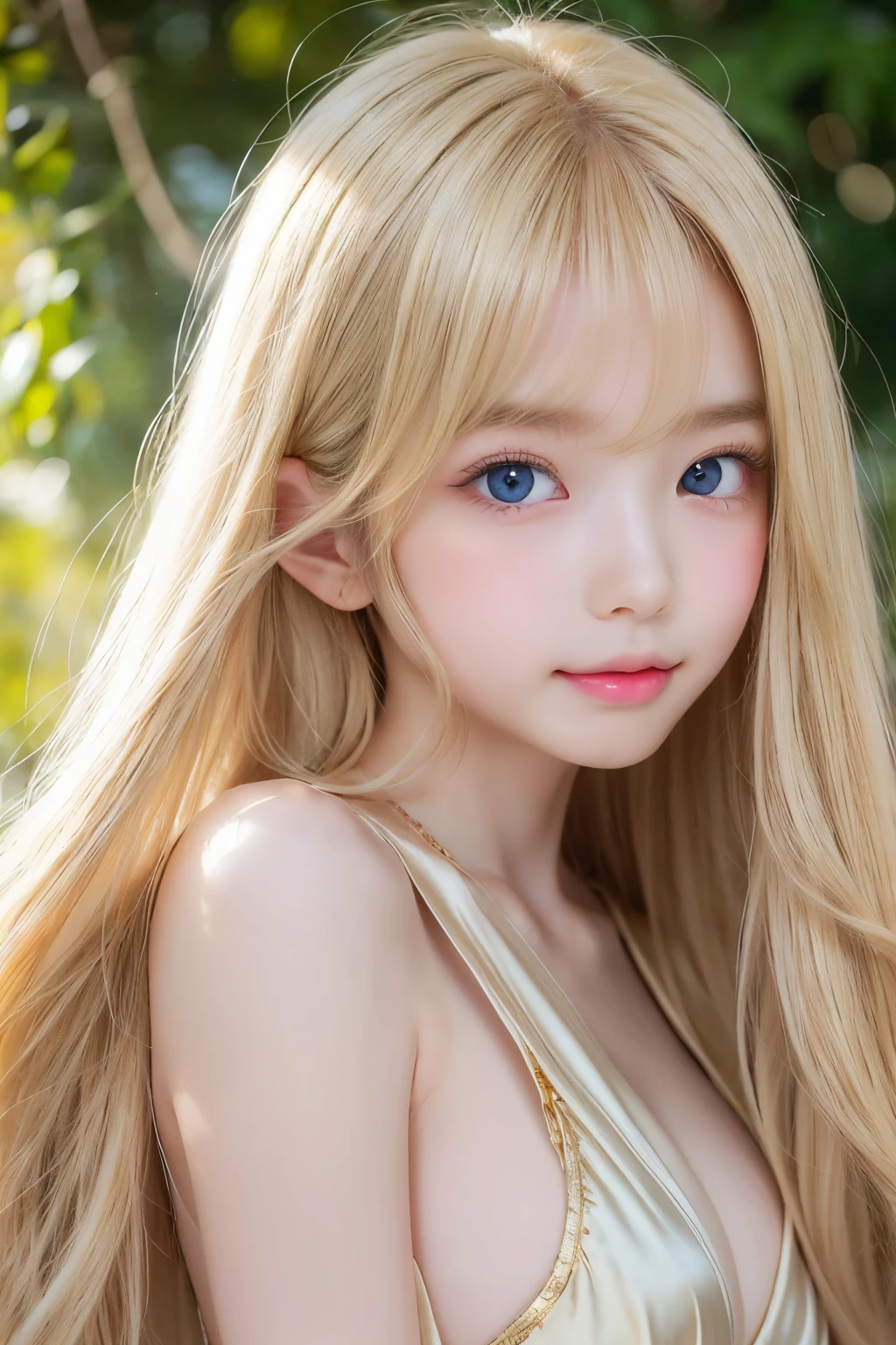 Super long blonde straight silk hair dazzling in gold、long hair between the eyes、The most beautiful girl in the world at 、Shining, Beautiful pale light blue eyes、Big double eyelid eyes、with round face、eye liner、Snow-white skin、shiny skin with shiny cheeks、Large breasts、a little bit smile、full bodyesbian、