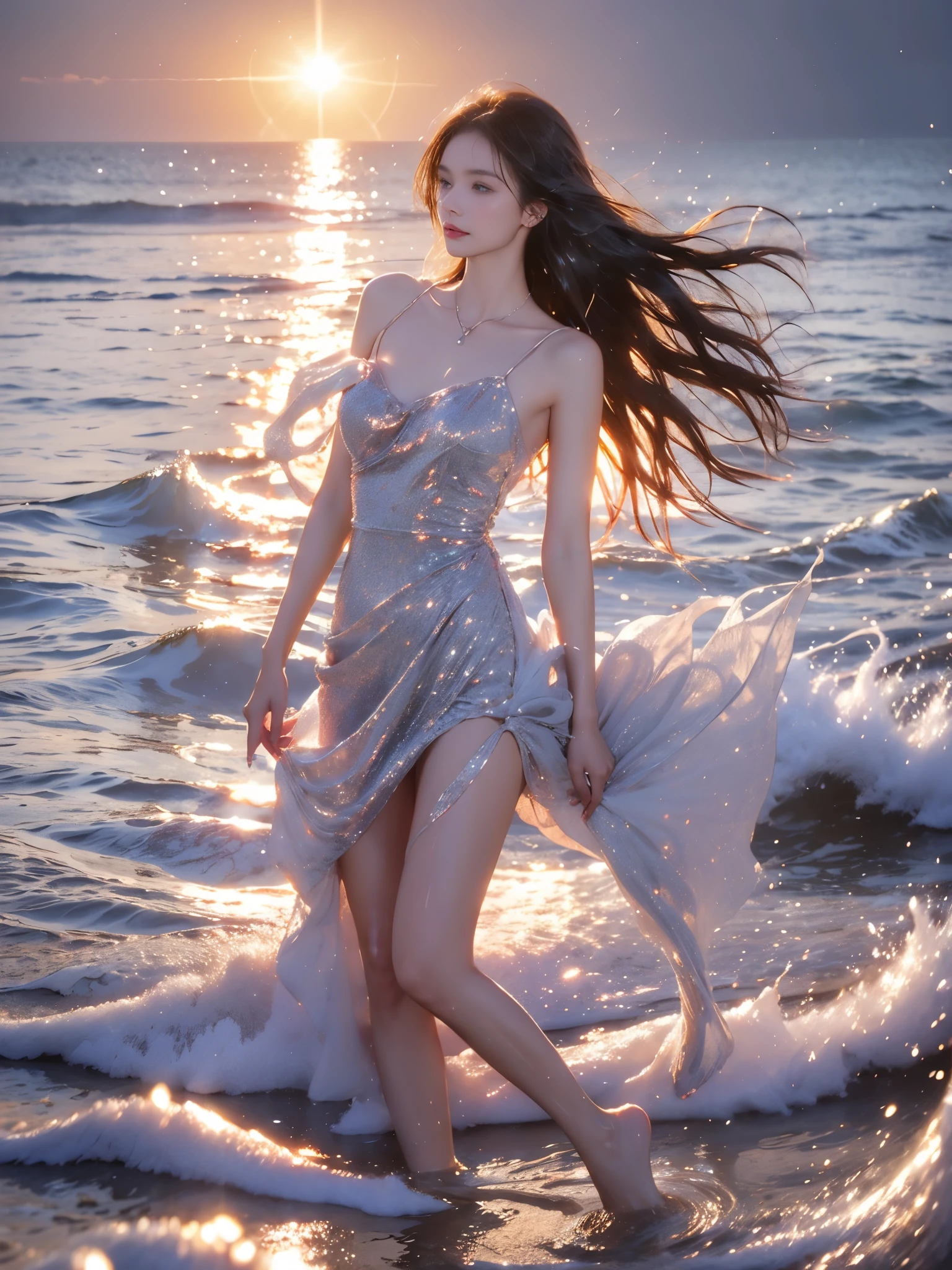 (highest quality, 32k, High resolution, masterpiece:1.5,), Haunting fantasy portrait in abstract style, ((In a swirl of fantastic pastel colors and soft light)), Evoking a sense of soothing tranquility and elusive beauty, Award-winning masterpiece with amazing details, cute asian woman, 20 years old, perfect human anatomy, big magical eyes, gentle smile, ((Shiny detailed brown hair)), Long straight hair tousled by the wind, Beautiful asymmetrical bangs, hair between eyes, smooth and soft skin, thin eyebrows, clear double eyelids, Attractive pink lips, ((naked, Wrap your body in a transparent silk cloth)), High resolution perfect collarbone, High resolution beautiful bust, Slender body with plump breasts, ((Colorful sparkling light effects:1.3)), summer blue sea, The blue, sparkling water surface reflecting light, bright sunshine, professional lighting, professional photographer, Professional models,mysterious