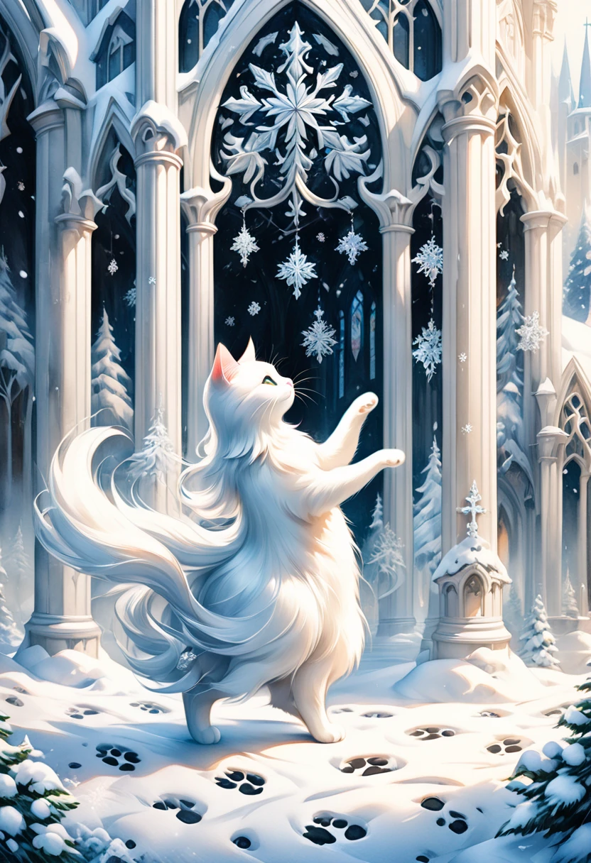  black and white minimal paint,Snow Forest Scenery ,Long-haired white cat dancing,  Details pattern,cute, nice,  fantasy standing in a church ,  Details, rendering,Oil paint,Watercolor,general brush,  Max Image ,Footprints of snow