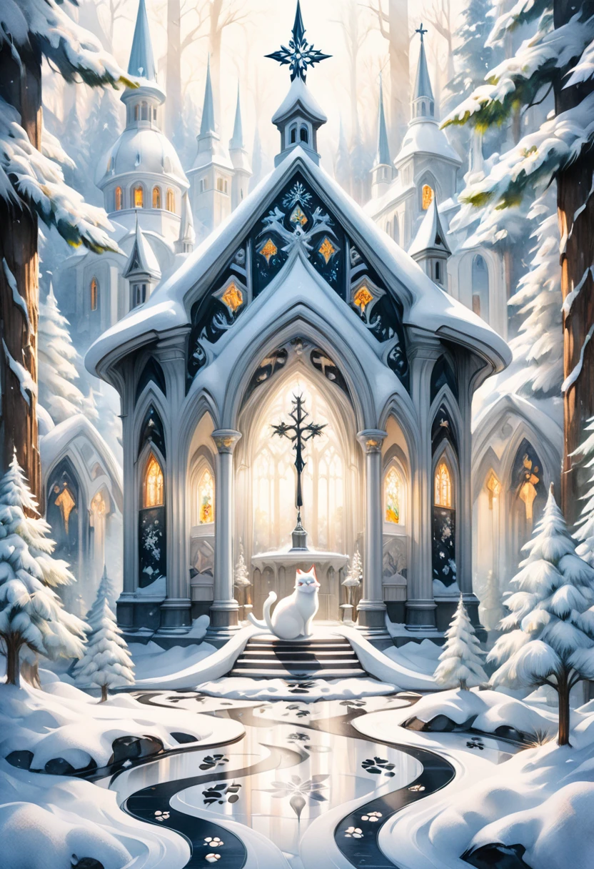  black and white minimal paint,Snow Forest Scenery ,Long-haired white cat dancing,  Details pattern,cute, nice,  fantasy standing in a church ,  Details, rendering,Oil paint,Watercolor,general brush,  Max Image ,Footprints of snow