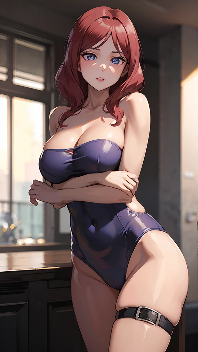 1girl,mature female,pale skin,1girl,maki_mother,purple eyes,long hair,red hair,cleavage,seductive anime girl,
BREAK ((one-piece swimsuit, cleavage, strapless, thigh strap:1.2)), 
BREAK sexwrist grabfront, 
BREAK (masterpiece:1.2), best quality, high resolution, unity 8k wallpaper, (illustration:0.8), (beautiful detailed eyes:1.6), extremely detailed face, perfect lighting, extremely detailed CG, (perfect hands, perfect anatomy),