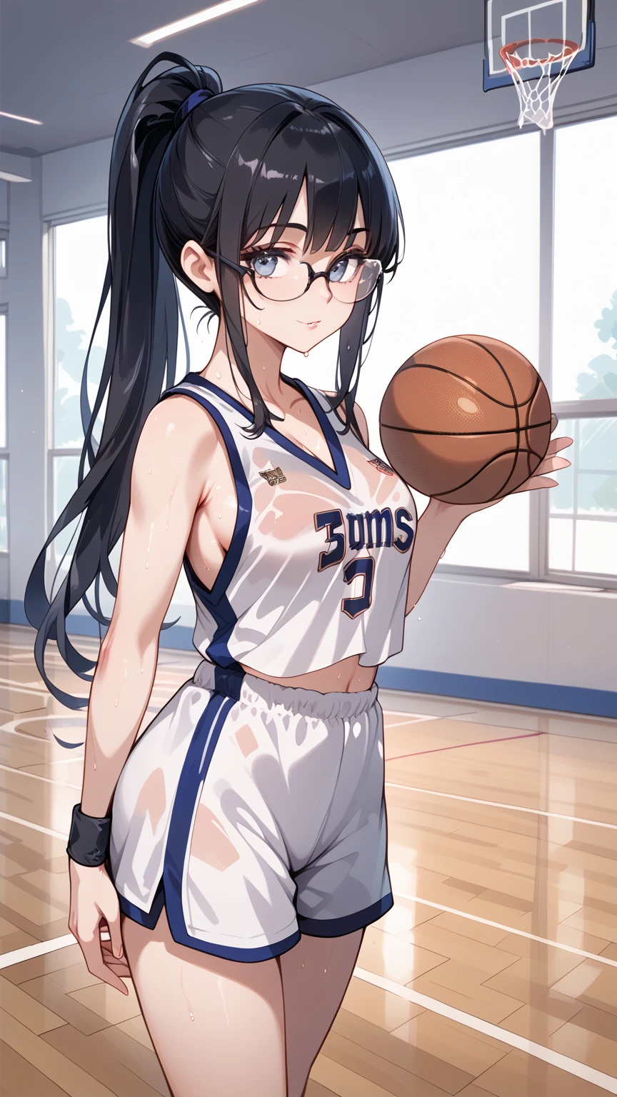 Black hair, long hair, ponytail, glasses, basketball, basketball uniform, sweaty, alone on the court, dimly lit gym