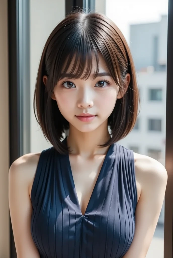 (8k,  photorealistic,  RAW photo,  Max Image: 1.4),  Japanese girls、18 years old, ( bob hair)、 smile, Super detailed face 、Attention to detail、 double eyelids 、 sharp concentration:1.2、 beautiful woman:1.4、( black hair)、 top quality、  masterpiece on penis 、 super high resolution、( photorealistic:1.4)、 is exquisitely crafted in every detail 、プロの照明で照らされたsmile、(Sailor school uniform,  navy blue pleated skirt)、 open your mouth slightly、( upper body),( The background is indoor)