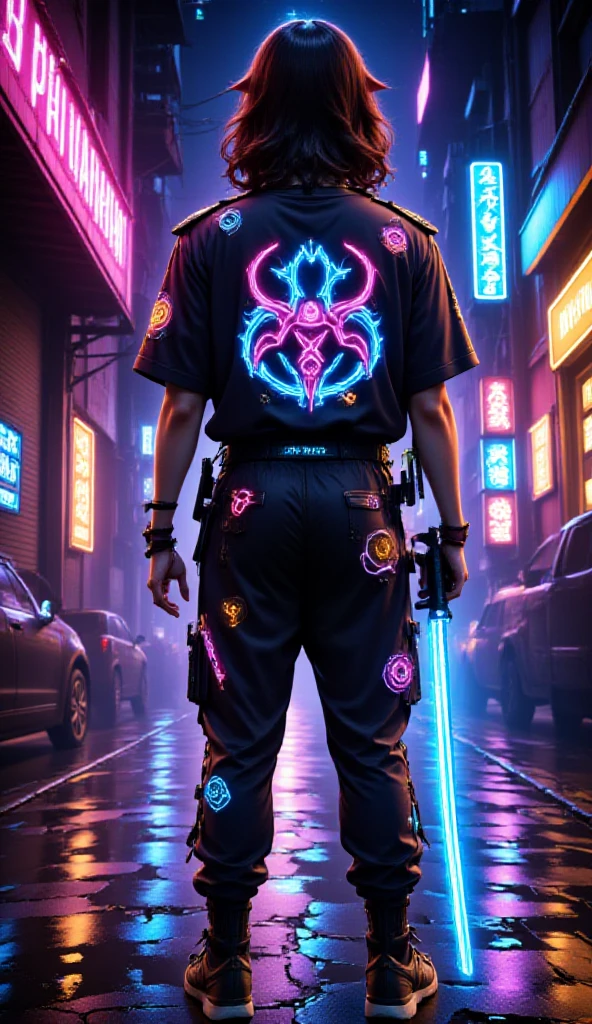 Парень 2d, city,  Neon text on a t-shirt: AvasKorpion , neon sneakers ,  neon outline, Night,  stands in front of the camera ,  Anime style, 2d,  looks at the viewer, neon lines , standing with a neon katana , 