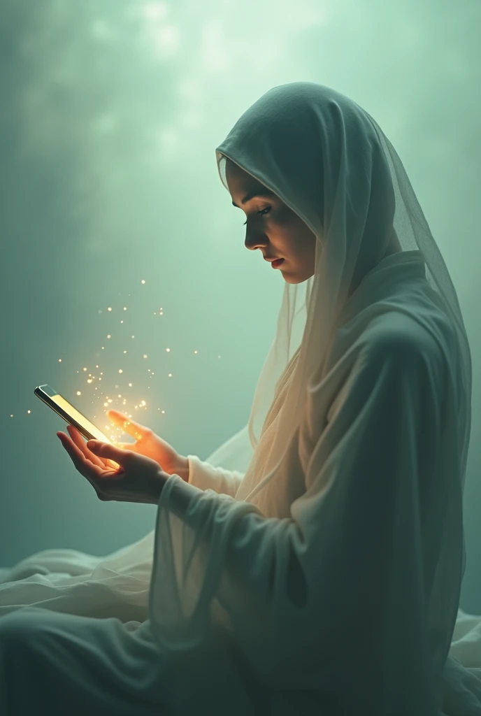 8k portrait of Hijab girl reading a message on her iPhone, lying in bed in a bedroom, with a happy expression. A big window reveals a picturesque view of nature, creating a vibrant and lively atmosphere with great lighting. intricate, elegant, highly detailed, majestic, digital photography, art by artgerm and ruan jia and greg rutkowski surreal painting gold butterfly filigree, broken glass, (masterpiece, sidelighting, finely detailed beautiful eyes: 1.2), hdr,