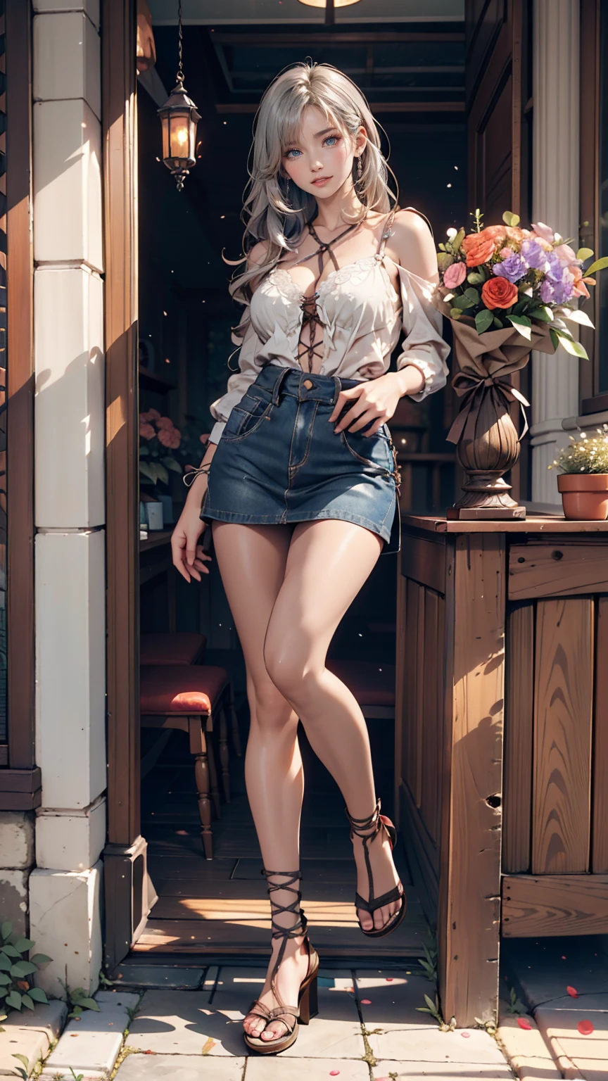 masterpiece,  top quality,  1 girl ,  Silver Hair, smile,  watching viewers , adult, Fully Matured, Holding flowers、Florist、 colorful flowers are blooming 、 sheer blouse、 high-waisted miniskirt 、 lace up sandals 、 full body photo、smile、 sexy proportions where you place one hand on your waist、Cute,