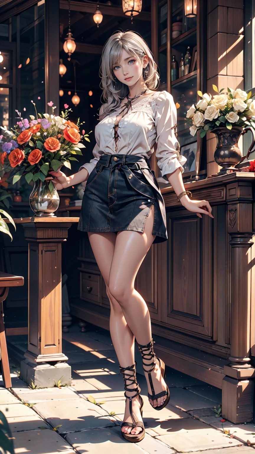 masterpiece,  top quality,  1 girl ,  Silver Hair, smile,  watching viewers , adult, Fully Matured, Holding flowers、Florist、 colorful flowers are blooming 、 sheer blouse、 high-waisted miniskirt 、 lace up sandals 、 full body photo、smile、 sexy proportions where you place one hand on your waist、Cute,