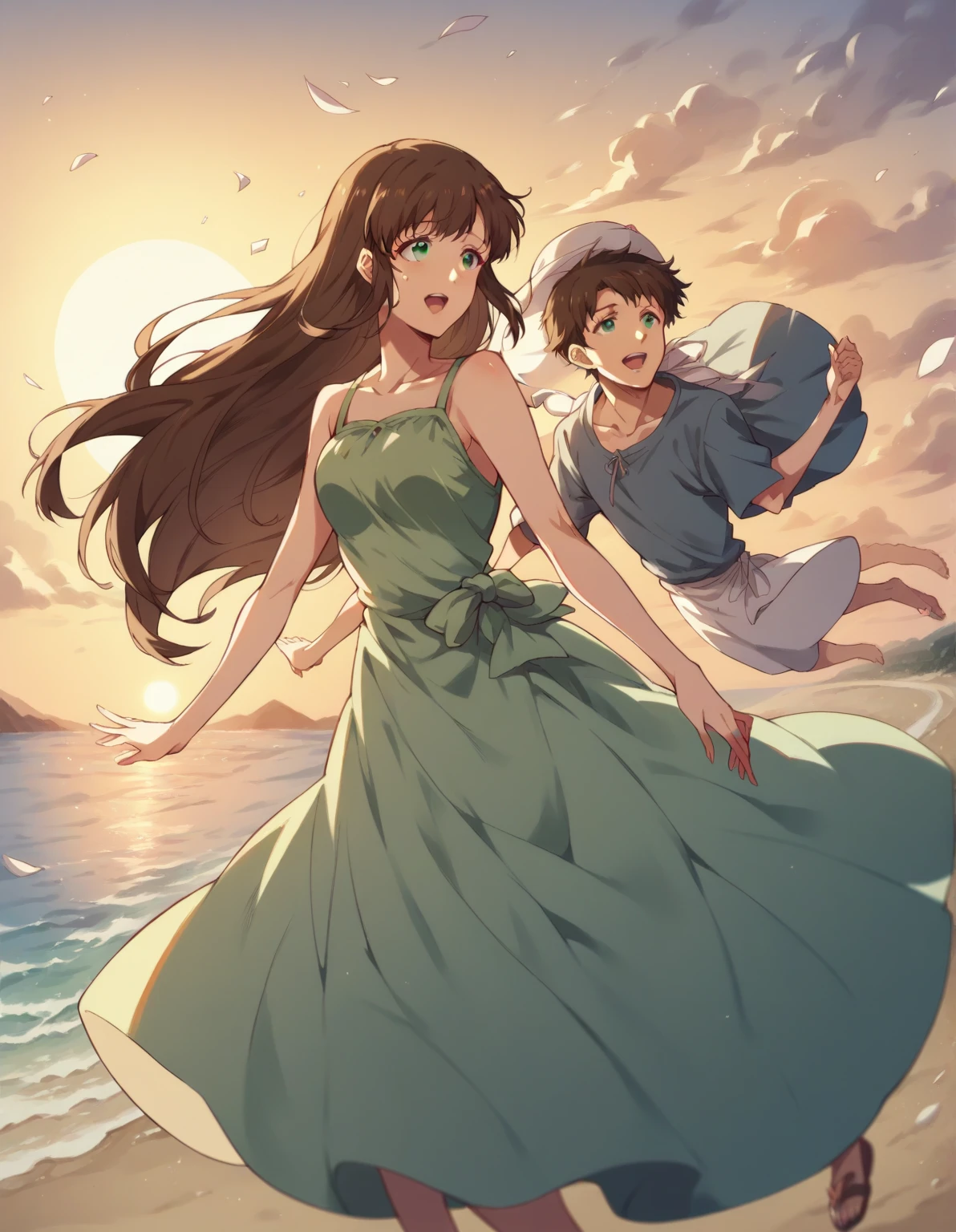 Hina Tachibana, long hair, brown hair, green eyes, Summer Dress, long dress, Beach, wind, pleasure, sunset, hat
