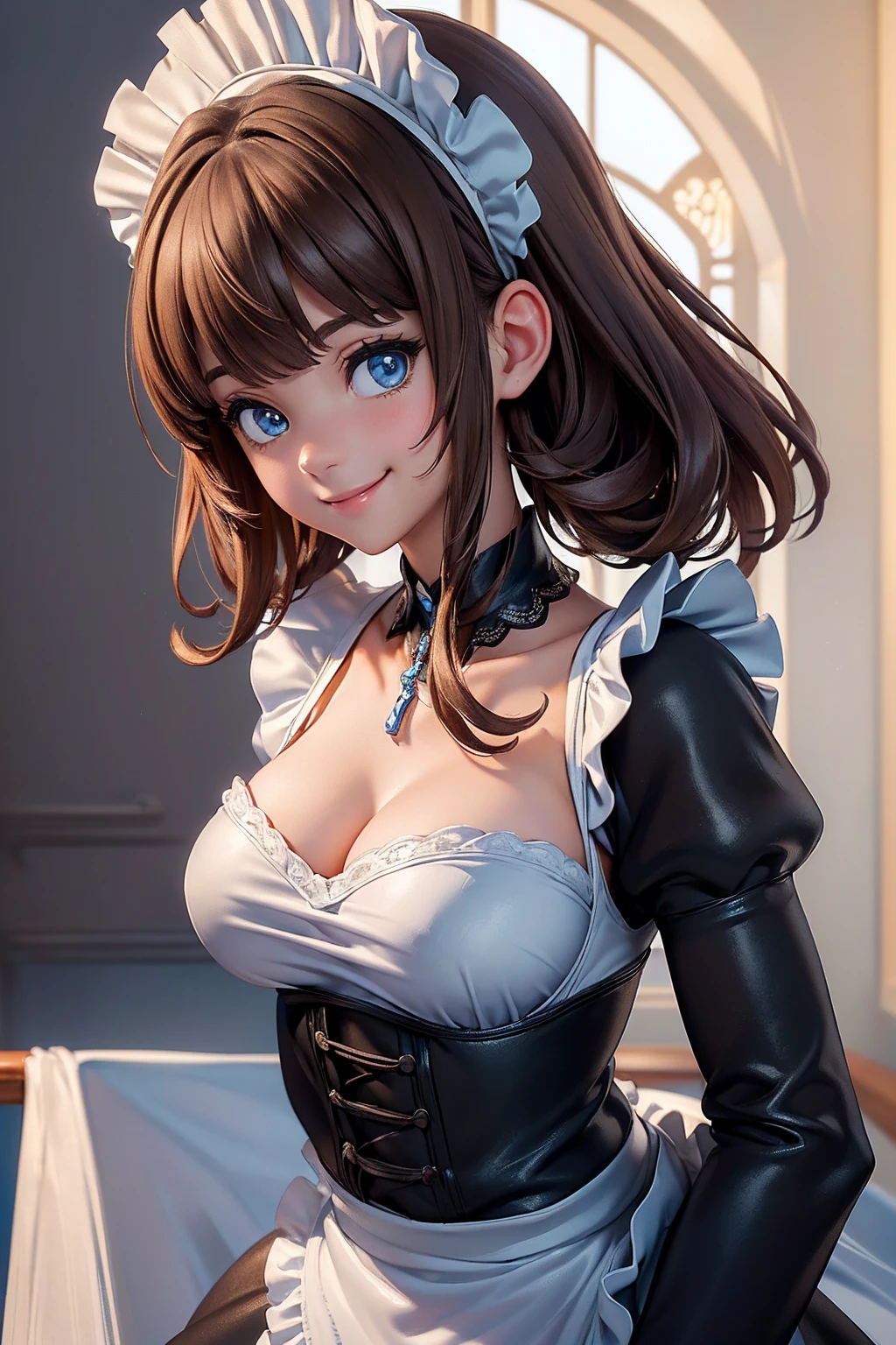 ((masterpiece,best quality,ultra-delicate,Perfect Face,perfect eyes,16k,high resolution,very beautiful girl)),((Best Anime)),sharpnes,clear,The Art of Phenomenal Depictions,brown hair,(1 girl),large breasts,blue eyes,,(Maid costume,smile:1.4),cowboy shot,