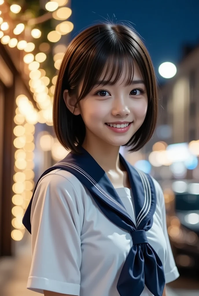 (8k,  photorealistic,  RAW photo,  Max Image: 1.4), 18 years old、( bob hair)、 smile, Super detailed face 、Attention to detail、 double eyelids 、 sharp concentration:1.2、 beautiful woman:1.4、( black hair)、 top quality、  masterpiece on penis 、 super high resolution、( photorealistic:1.4)、 is exquisitely crafted in every detail 、プロの照明で照らされたsmile、(Sailor school uniform,  navy blue pleated skirt)、 open your mouth slightly、,(((The background is a beautiful Christmas illumination of the city at night)))