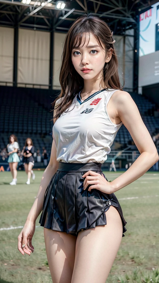 A beautiful young Japanese woman, 20 years old, with perfect anatomy, healthy thighs, beautiful feet, flawless skin, random hair color and style, large bust, (she is standing:1.2), wearing a cheerleader uniform with micro-pleated miniskirt, in a full body shot, standing in a stadium, (best quality,4K,8k,  highres icon, masterpiece:1.3), (extremely detailed:1.2),  Shingaki Yui