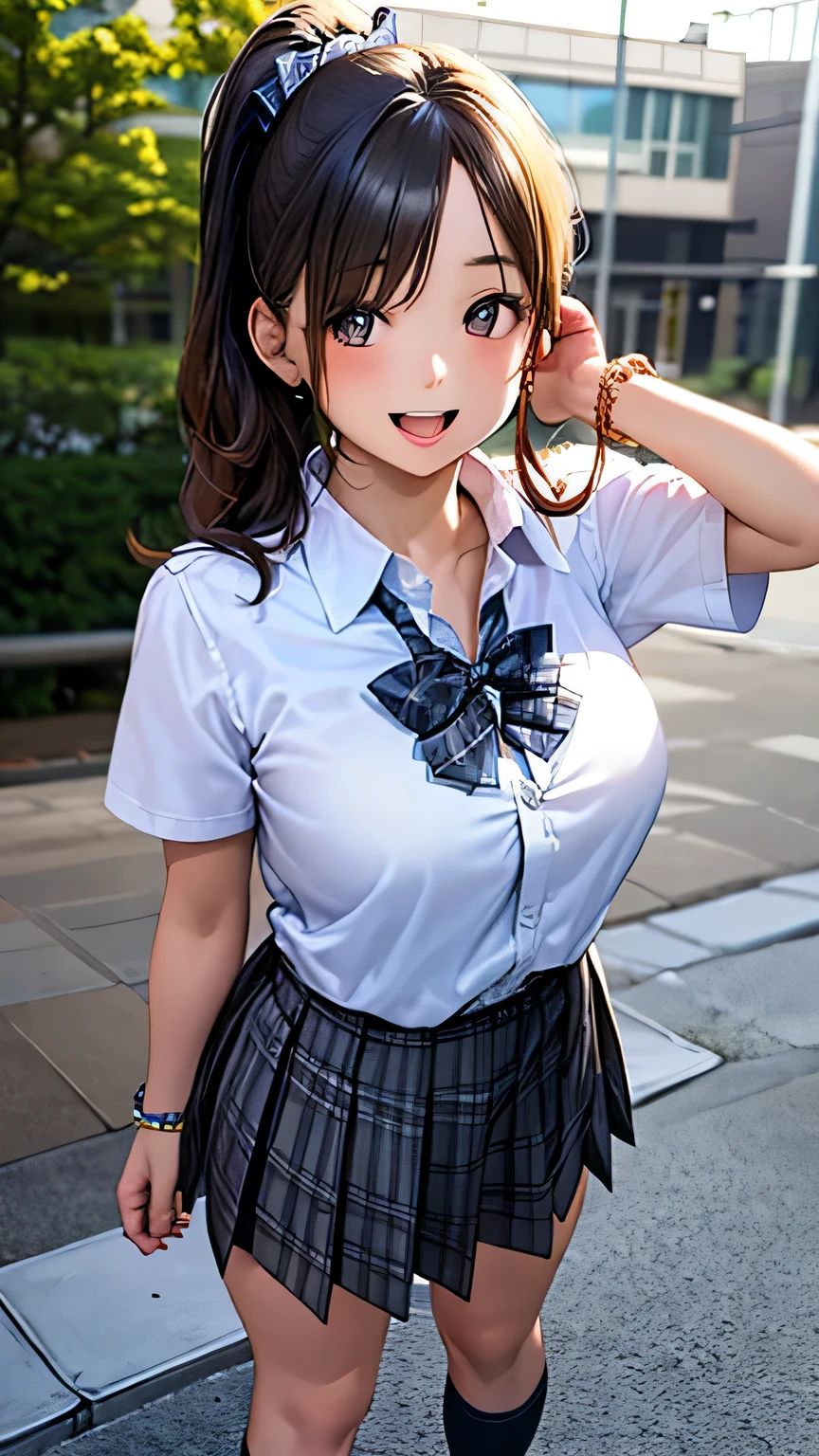 (masterpiece:1.2, top-quality), (realistic, photorealistic:1.4), beautiful illustration, (natural side lighting, movie lighting),
looking at viewer, cowboy shot, front view:0.6,
1 girl, ((Misaka Mikoto)), japanese, high school girl, perfect face, cute and symmetrical face, shiny skin,
brown hair, brown eyes, long eye lasher,
beautiful hair, beautiful face, beautiful detailed eyes, beautiful clavicle, beautiful body, beautiful chest, beautiful thigh, beautiful legs, beautiful fingers,
((Tokiwadai Junior High School uniform)),(beige jacket), white collared shirts, grey pleated mini skirt, white socks, red plaid bow tie)),
(beautiful scenery), (half-closed eye, lovely smile, upper eyes), (breast focus:1.4),(show off nipples:1.6), (exposing bare breasts:1.6), (exposed chest:1.6), (no bra:1.6),(open shirt:1.6), nsfw,